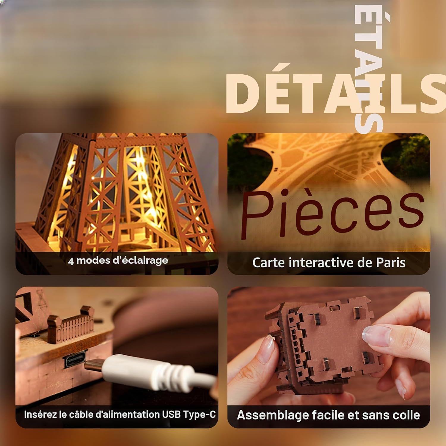 Detalle de Rolife 3D Puzzles Nuit de la Tour Eiffel – Kit en bois avec éclairage LED (TGL01)