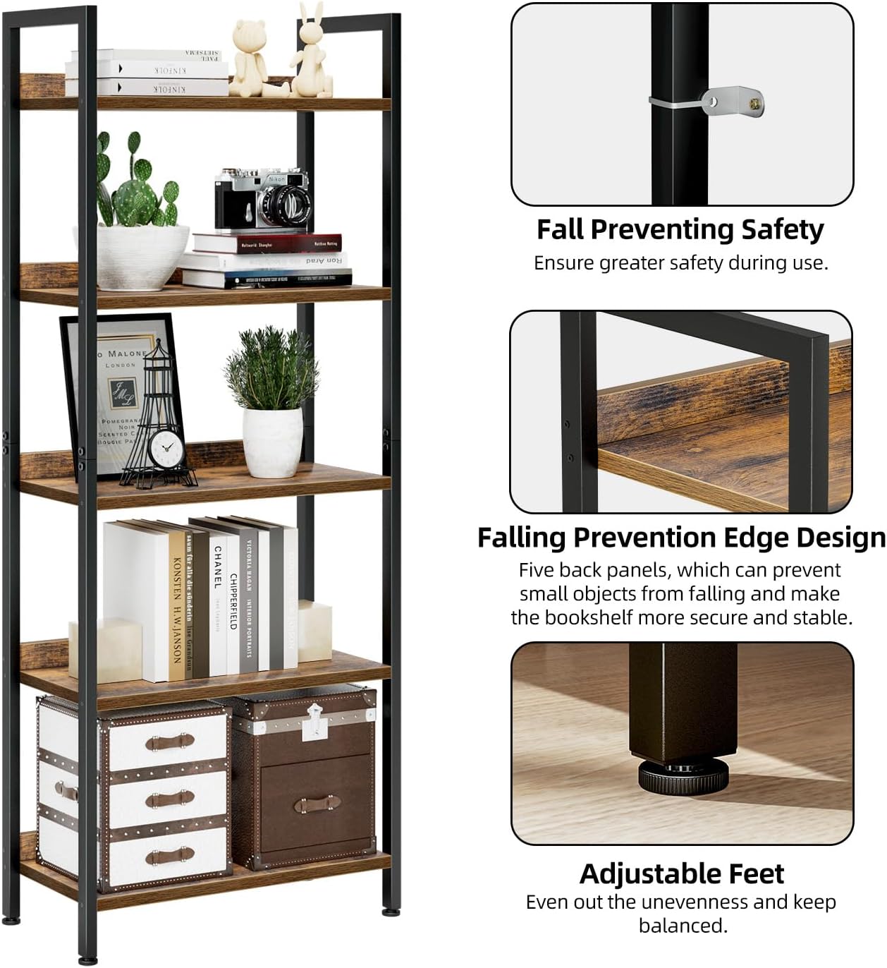 Thumbnail 5 de NUMENN 5-Tier Bookshelf, Vintage Metal Frame with FSC-Certified Wood Shelves