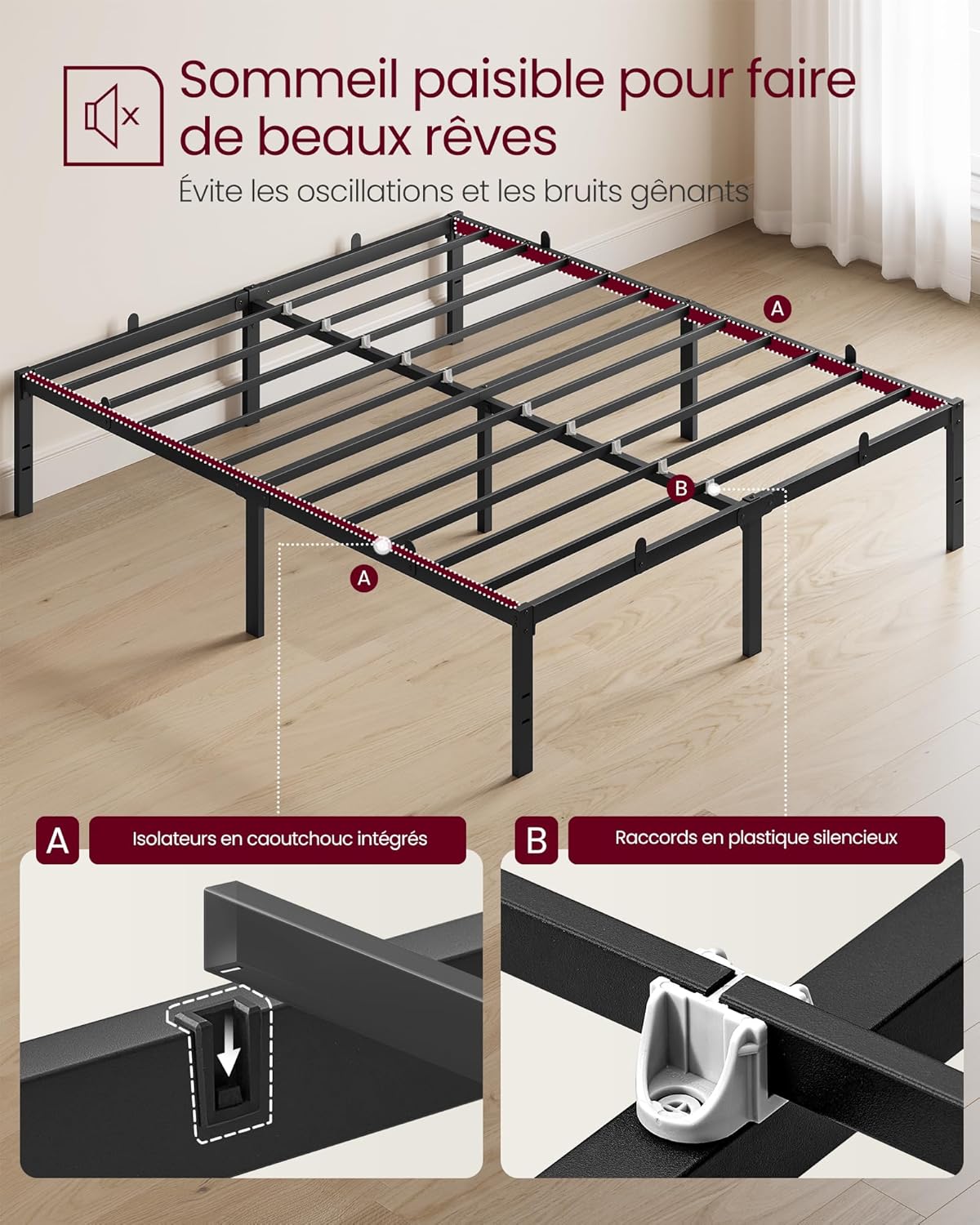 Detalle 2 de VASAGLE Cadre de Lit 160 x 200 avec Sommier Métal RMB155BD01