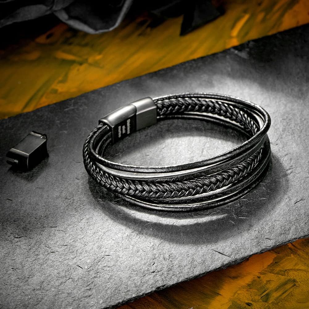 Thumbnail 1 de murtoo Herren Armband Edelstahl Echtleder Naturstein Geflochten mit Magnetverschluss
