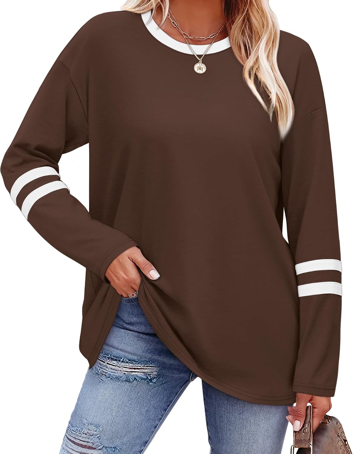 Detalle de Sampeel Color-Block Long Sleeve Shirt for Women, Crew Neck with Striped Sleeves
