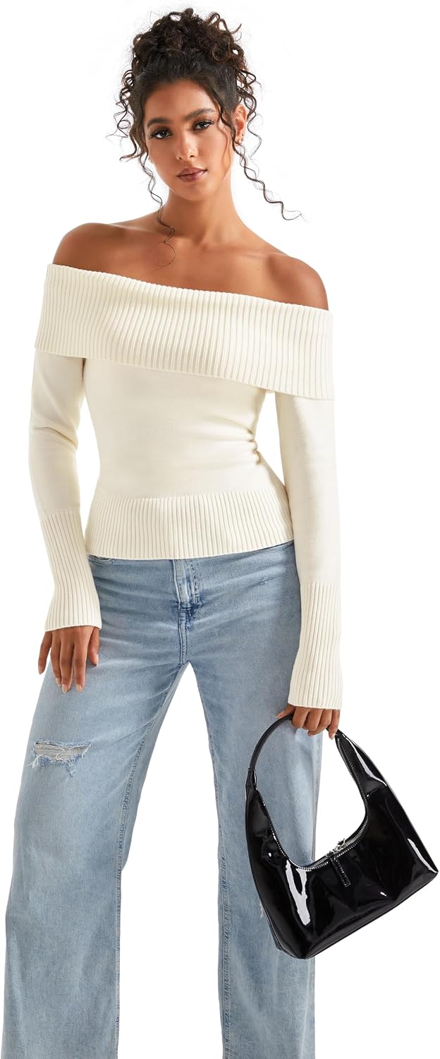Detalle 2 de SUUKSESS Women's Off-the-Shoulder Ribbed Knit Sweater, Long Sleeve