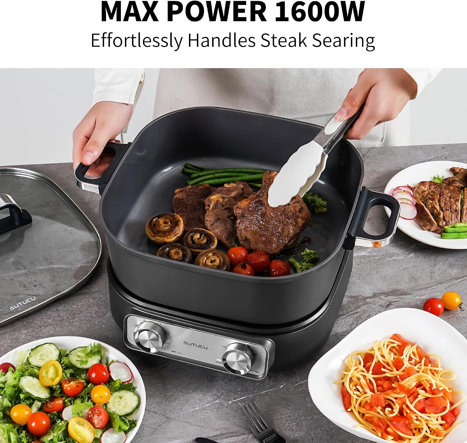 Detalle 2 de AUTUCU Electric Skillet 6-Quart, 1600W