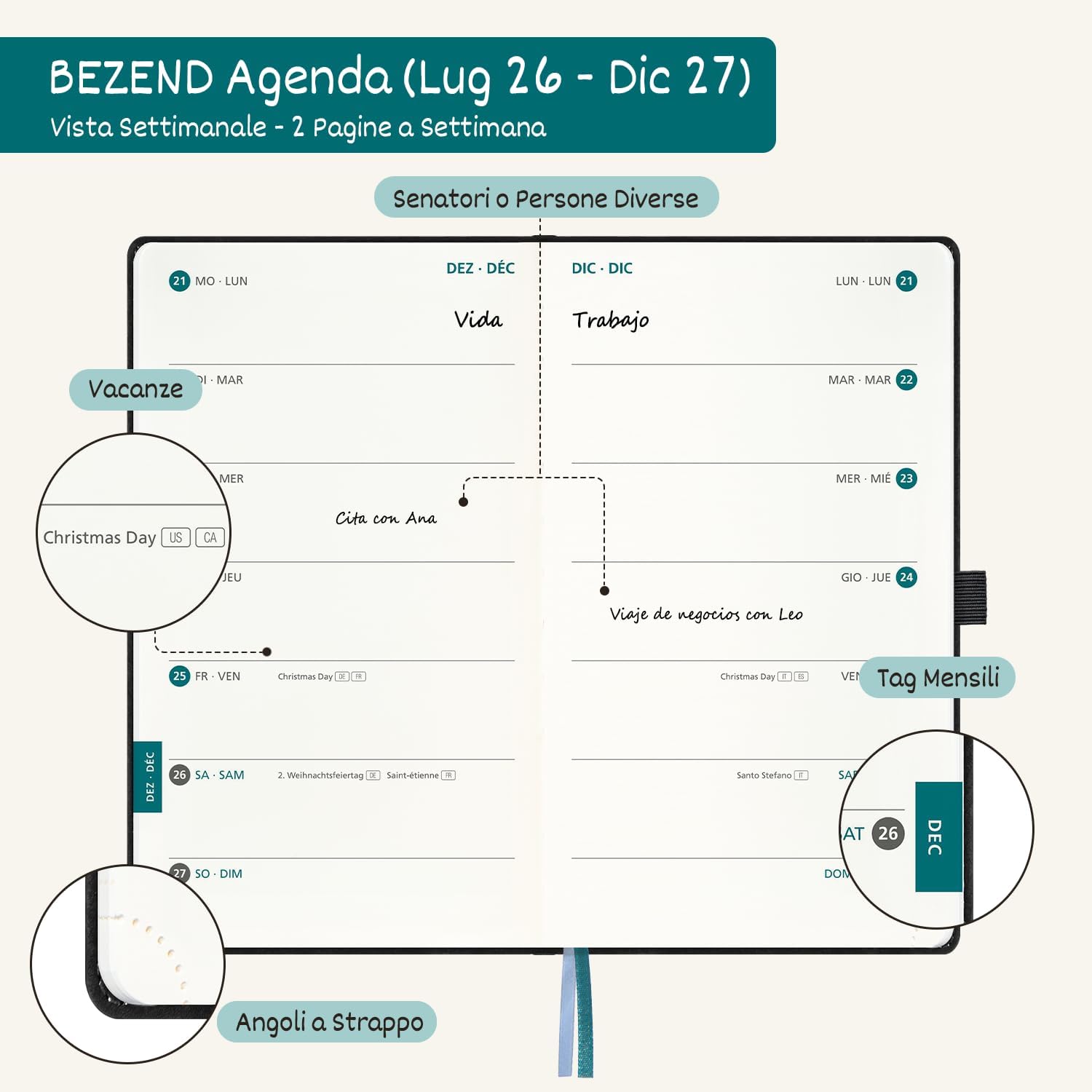 Detalle de BEZEND Agenda 2026/2027 Settimanale Tascabile A6, Copertina in Pelle PU Verde Foresta, 18 Mesi