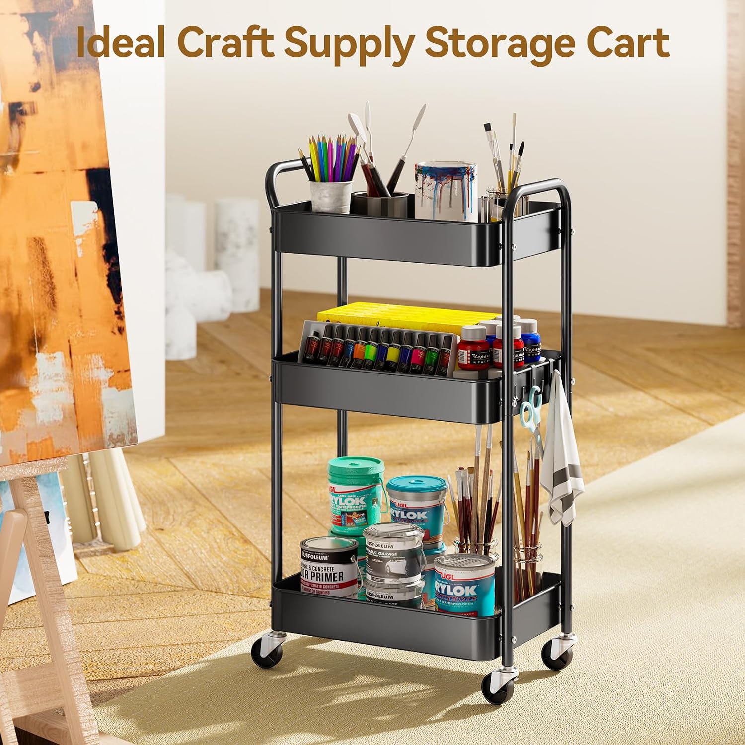 Thumbnail 6 de YASONIC YS-306 3-Tier Metal Rolling Cart with Locking Wheels, Black