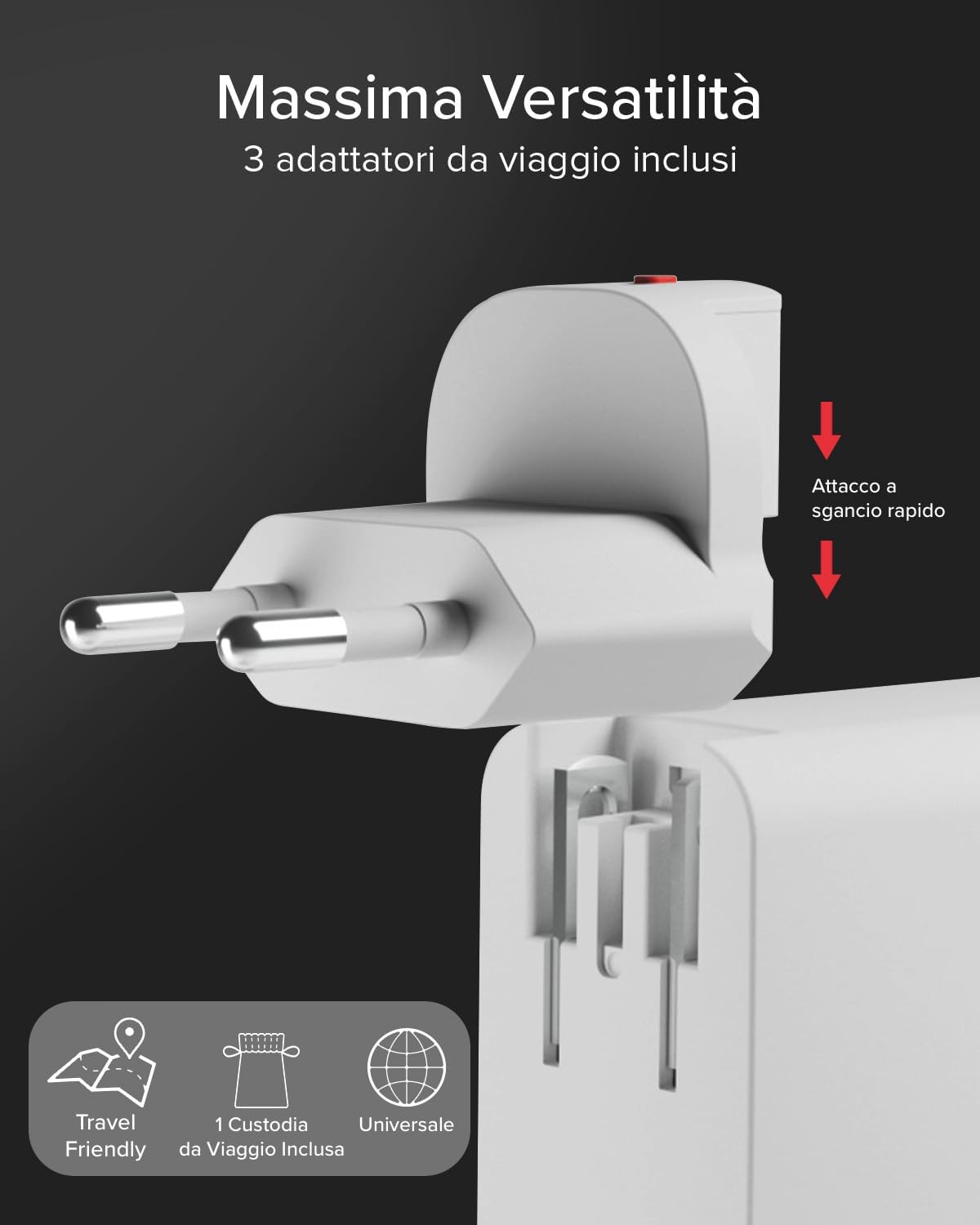 Detalle de SBS Travel Adapter USB-C 100W: caricatore da viaggio tutto-in-uno con adattatori US/UK/EU/AU