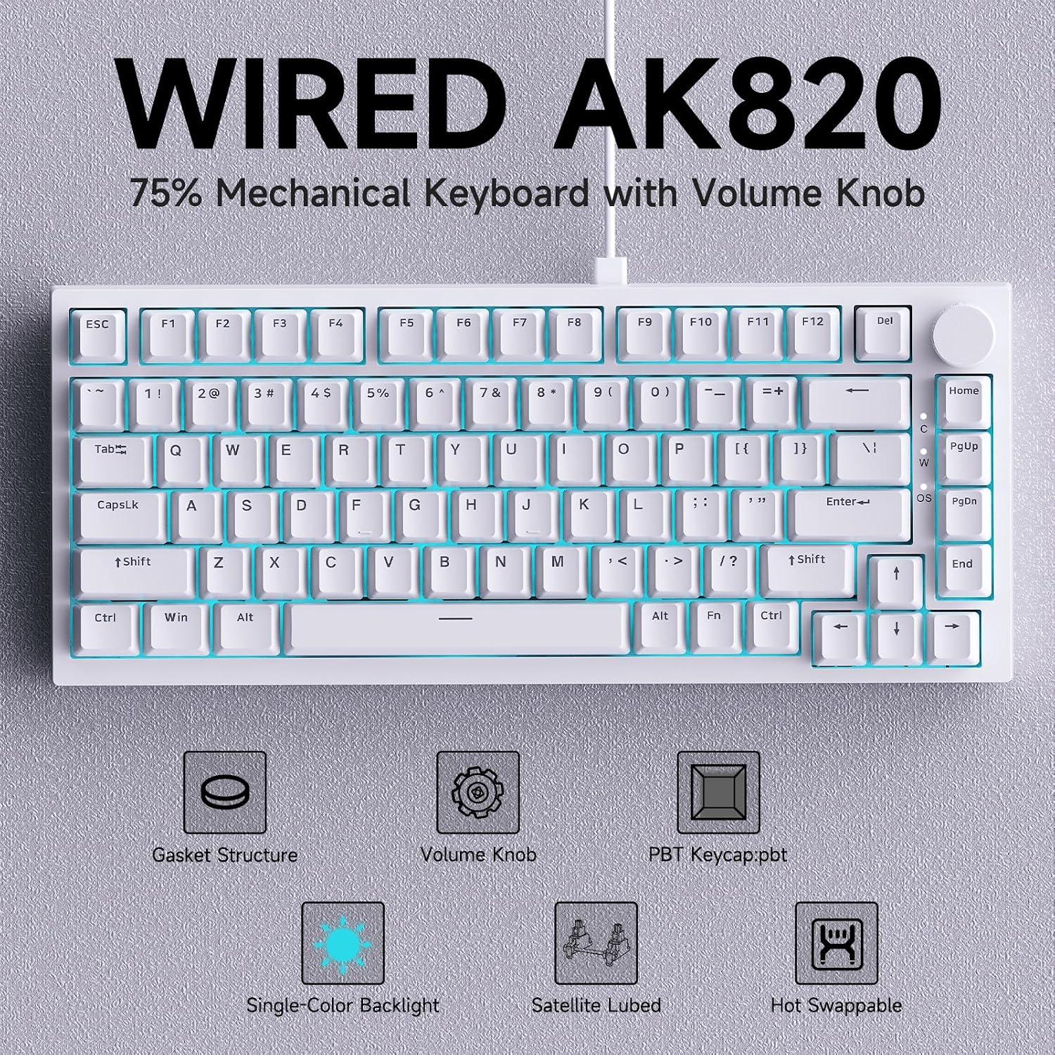 Detalle de AJAZZ AK820 Kabelgebundene mechanische Tastatur – 75% Layout, 82 Tasten, hot-swappable, Volume-Knopf, PBT-Tasten, Blue Switches, Ice Blue LED, Weiß