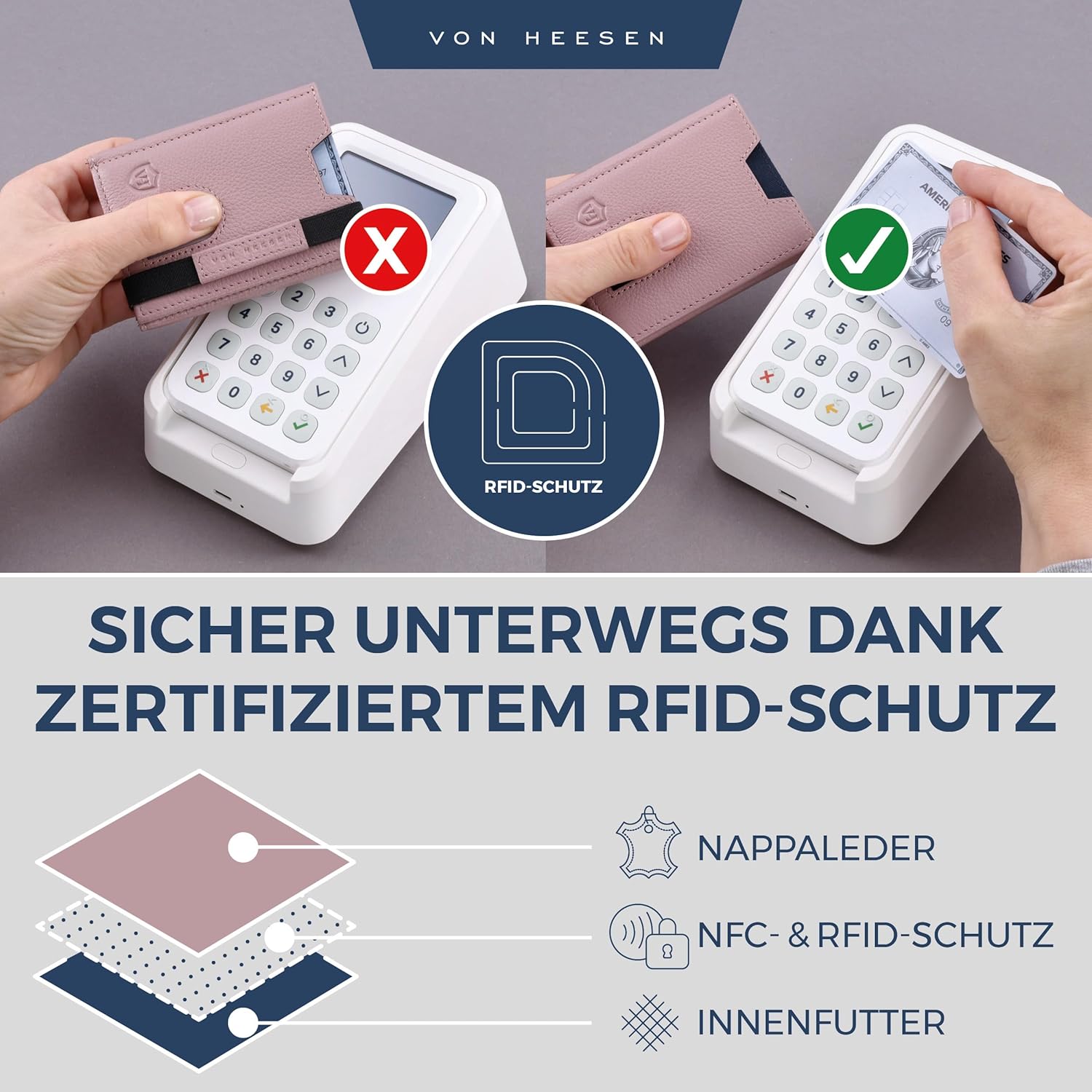 Thumbnail 2 de VON HEESEN Leder Slim Wallet mit RFID-Schutz – Mini-Geldbörse im Lavendel-Ton (Kartenetui)