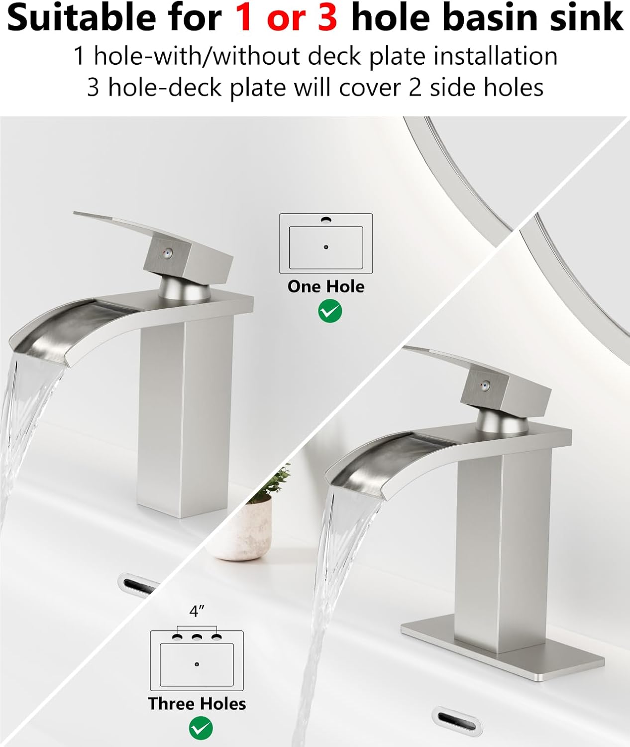 Detalle 1 de GBBNE Waterfall Bathroom Faucet, Brushed Nickel, Single Handle