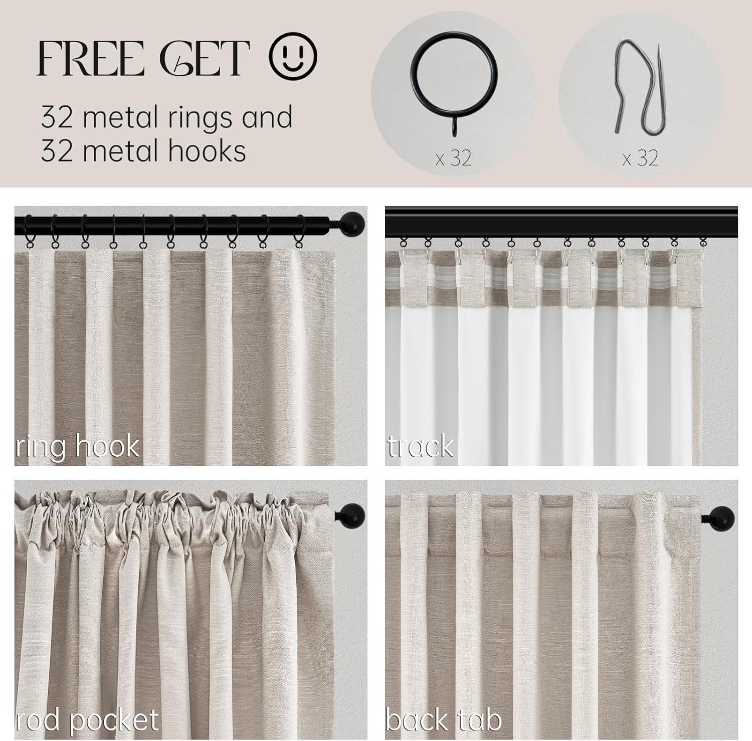 Thumbnail 3 de Oatmeal 105 Inch Long Oatmeal Linen-Blend Blackout Curtains (2 Panels) for Living Room & Bedroom