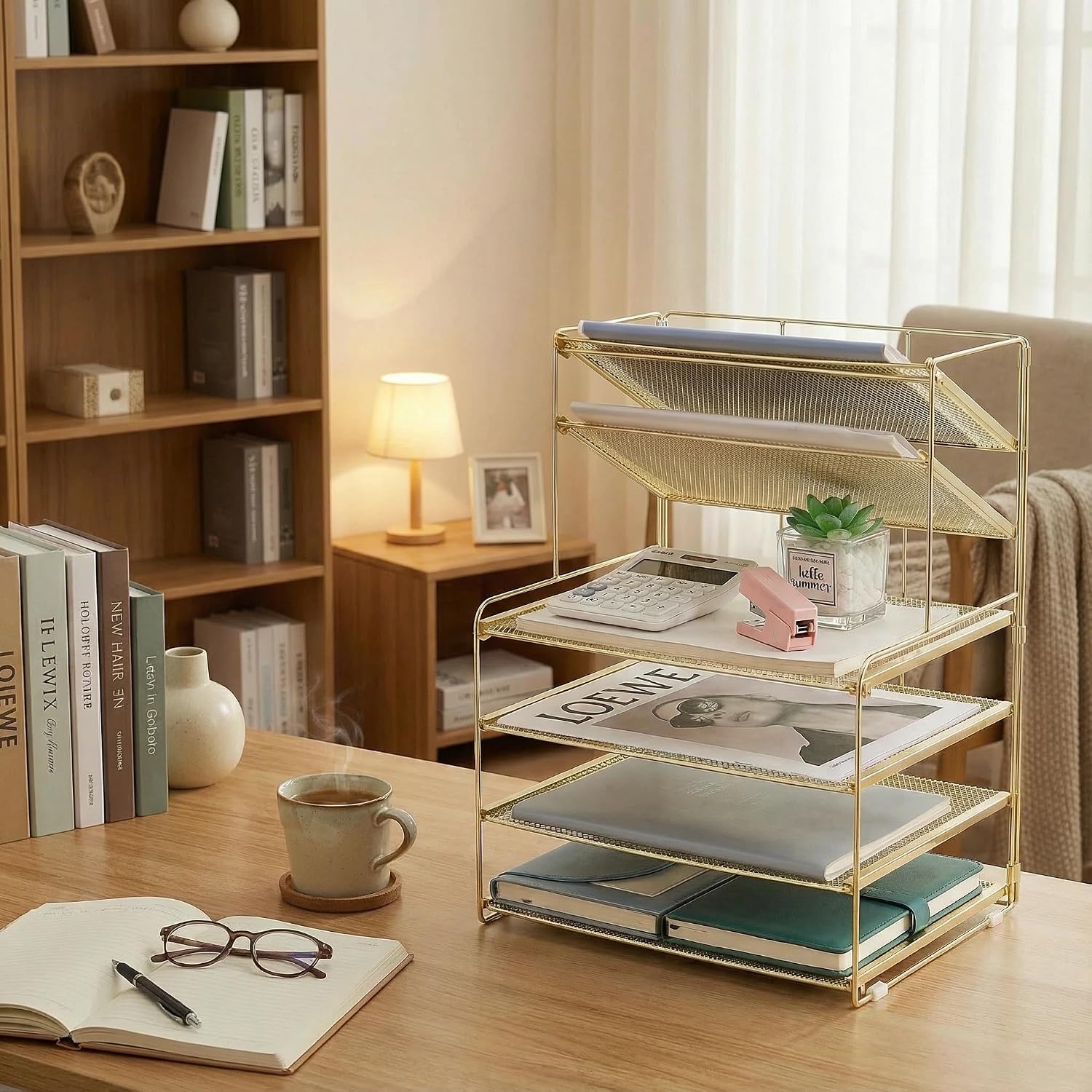 Detalle 1 de OPNICE Desk Organizer 6-Tier Metal Letter Tray, Gold Desktop File Organizer