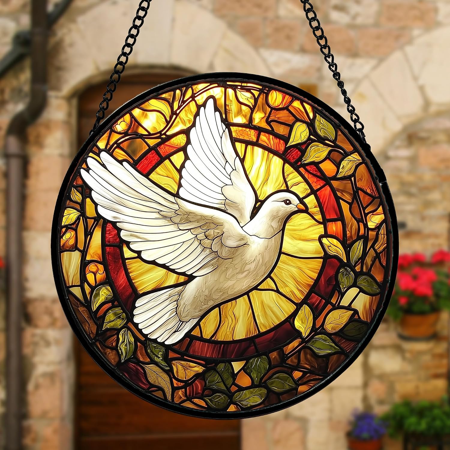 Detalle 2 de DASTOLL Flying White Dove Stained Glass Suncatcher, 6.3-Inch Window Hanging