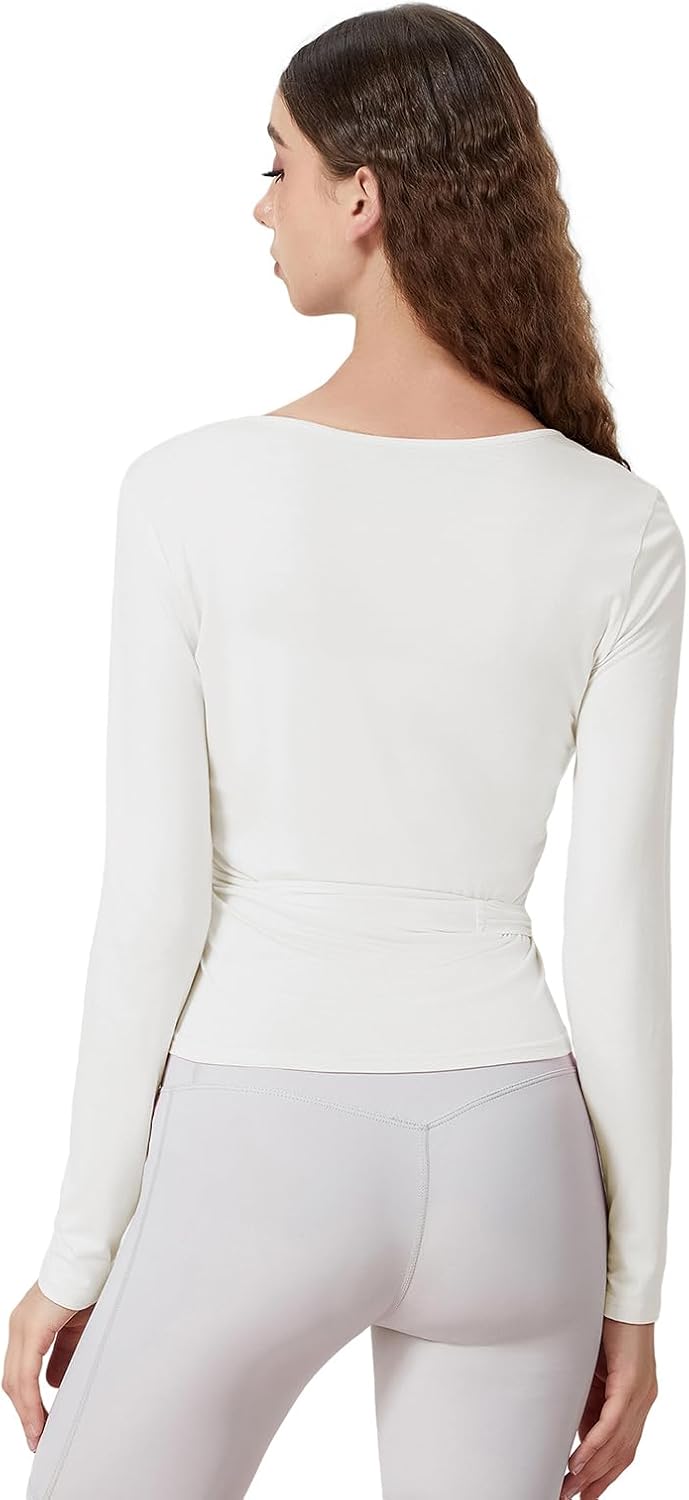 Thumbnail 2 de Women Ballet Wrap Top Long Sleeve Self Tie Dance Shirt Pilates Yoga Tops Y2k Workout Active Blouses