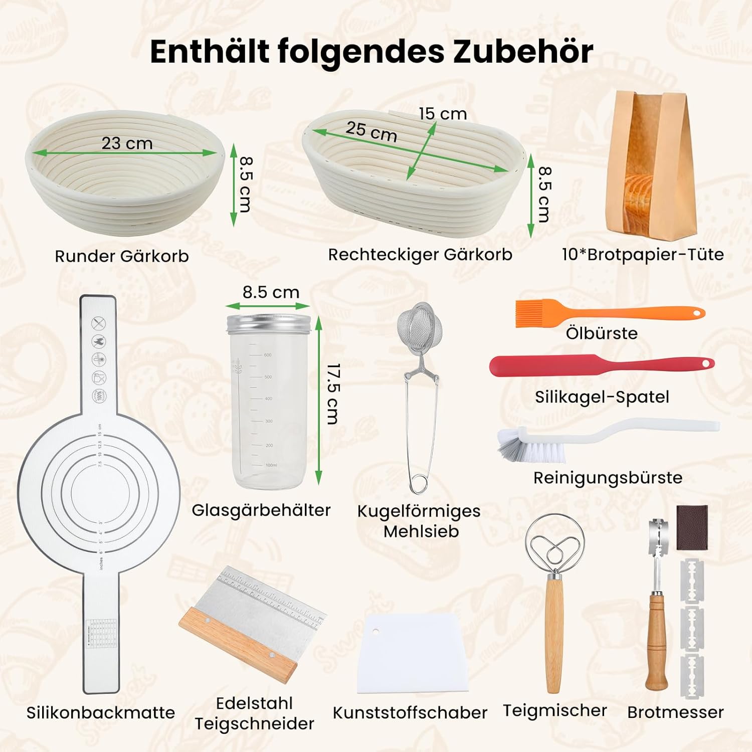 Detalle de GEEKHOM Sauerteig Starter Set mit 2 Gärkörben – Komplettes 14-teiliges Backzubehör für Anfänger