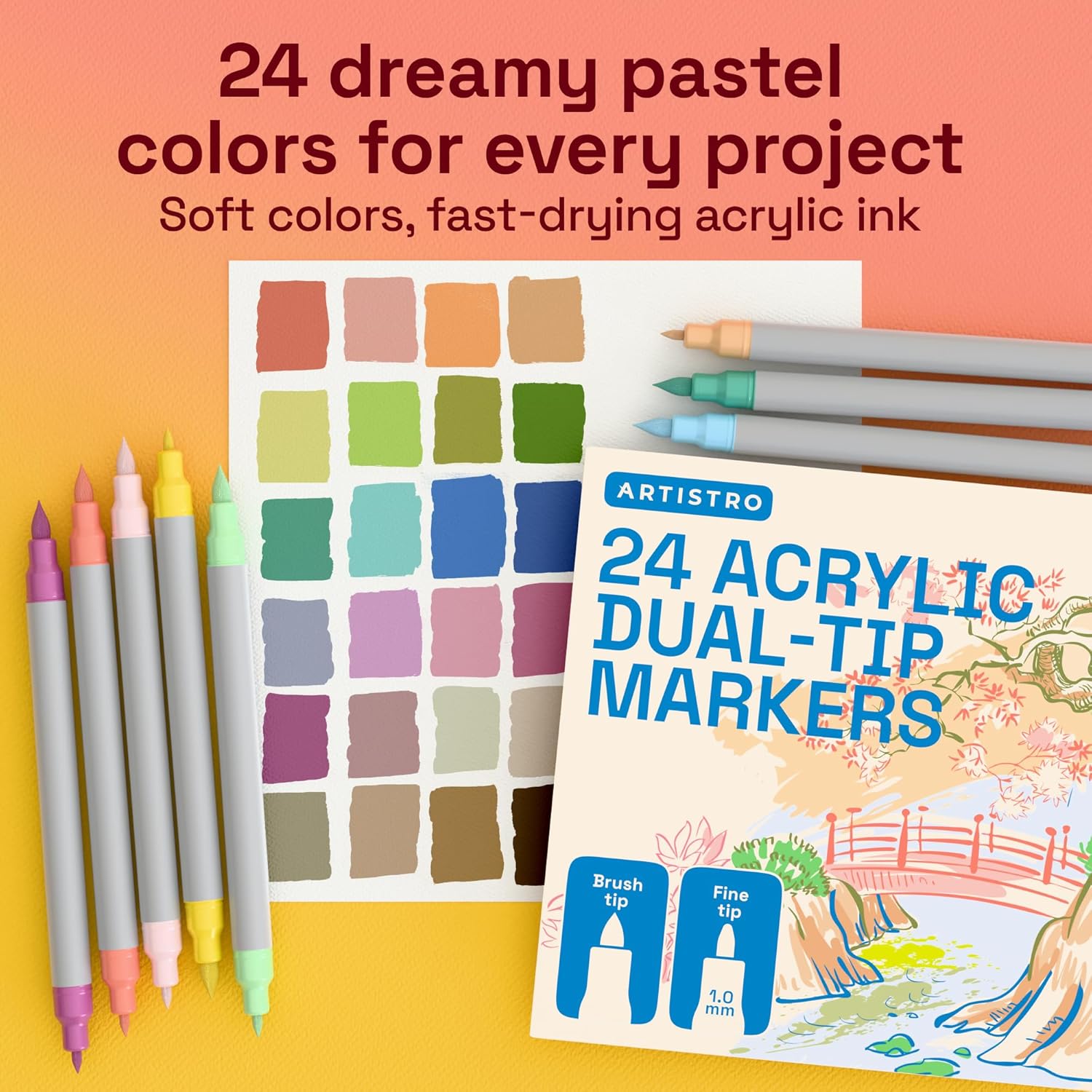 Thumbnail 1 de ARTISTRO 24 Acrylic Paint Pens Dual Tip (Brush & Fine) – 24 Pastel Markers for Fabric, Canvas, Rock, Glass, Wood