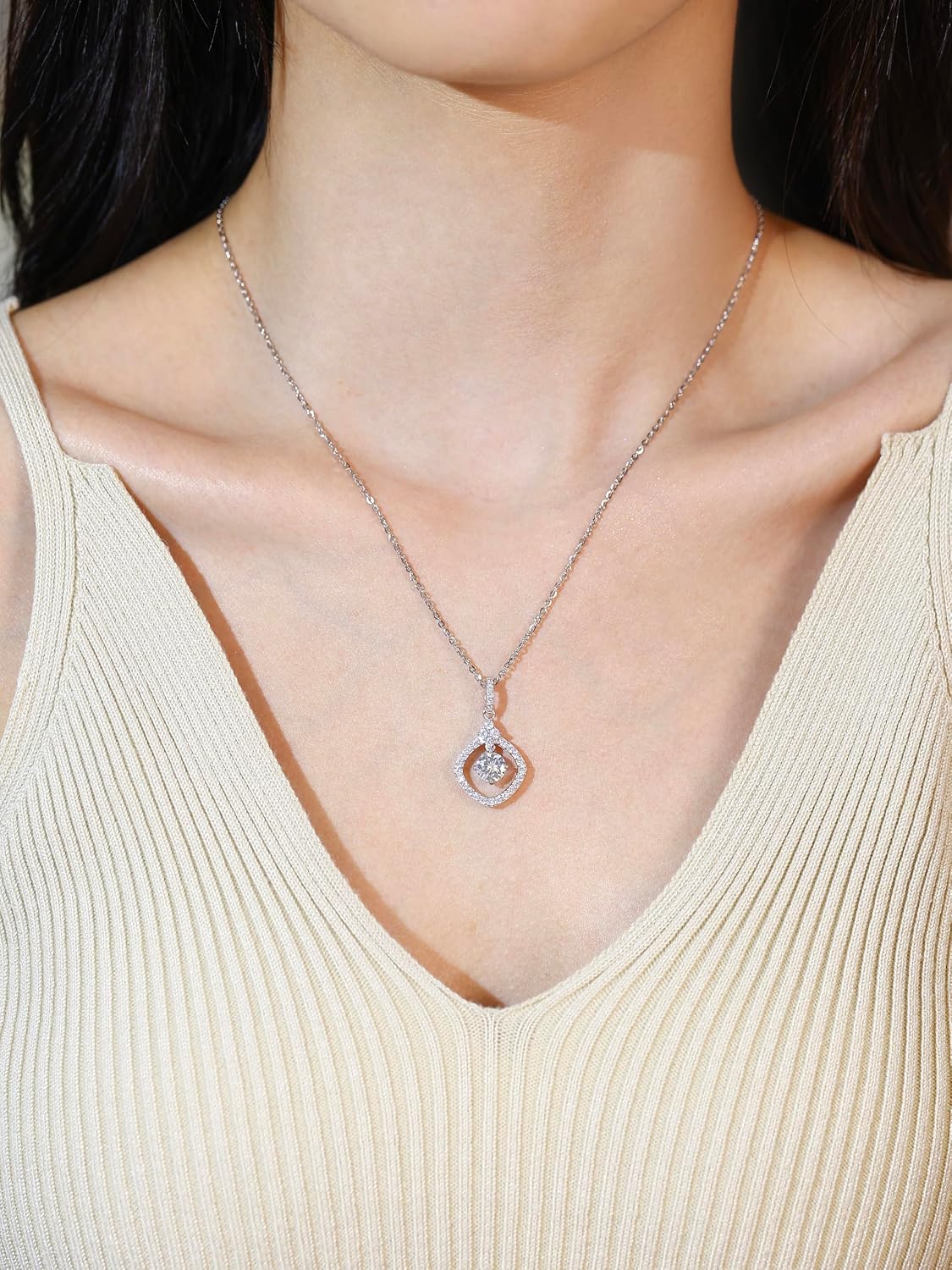Thumbnail 1 de FANCIME Moissanite Kette mit 1 Karat Moissanit-Halo Anhänger (925 Sterling Silber), 40+5 cm