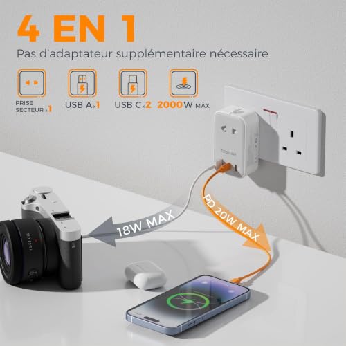 Detalle de TESSAN Adaptateur prise universelle PD 20W avec 2 USB-C — 4 en 1 pour voyages
