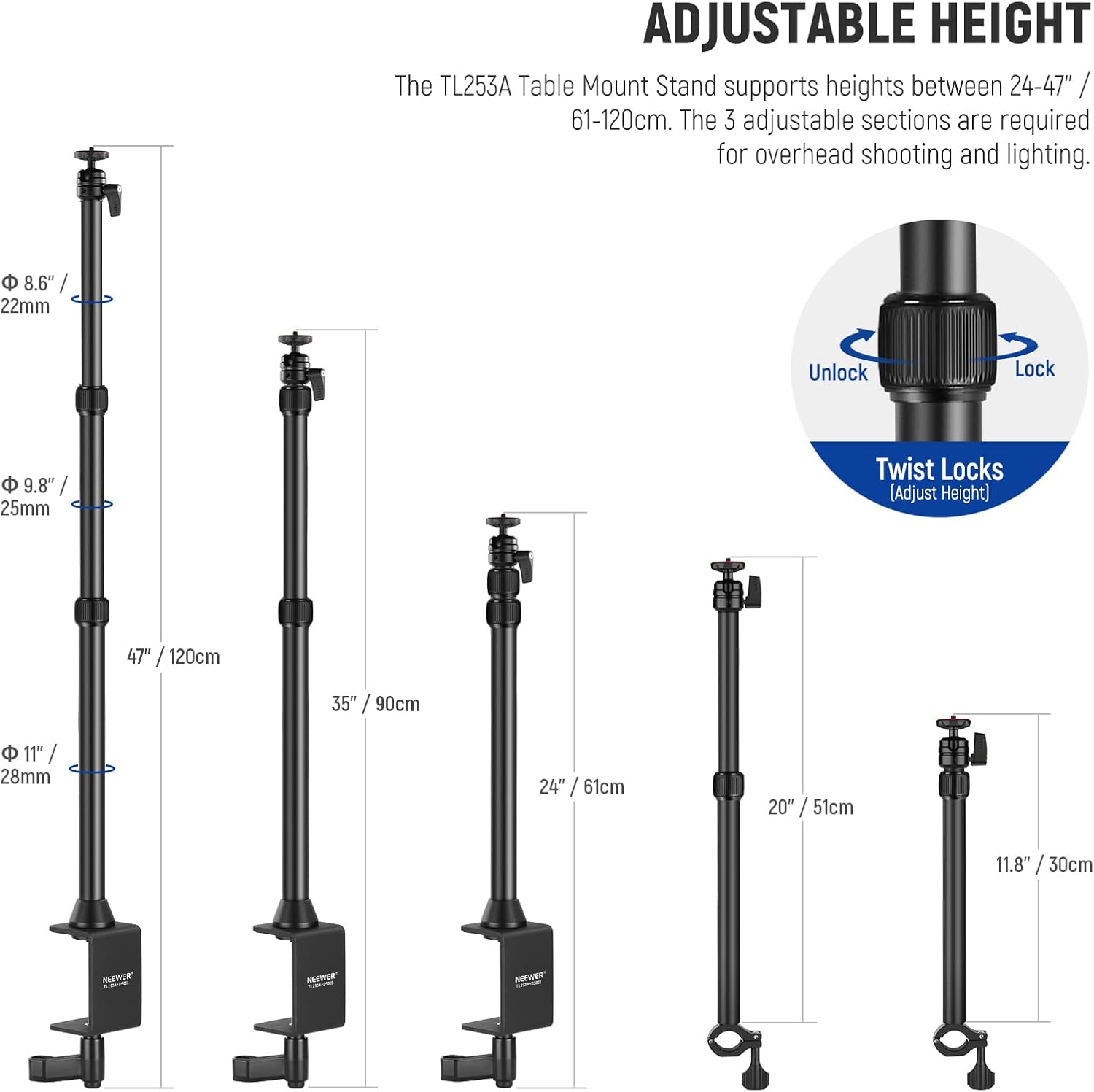 Thumbnail 1 de Neewer TL253A+DS001 table camera tripod with 2 telescopic arms and phone holder