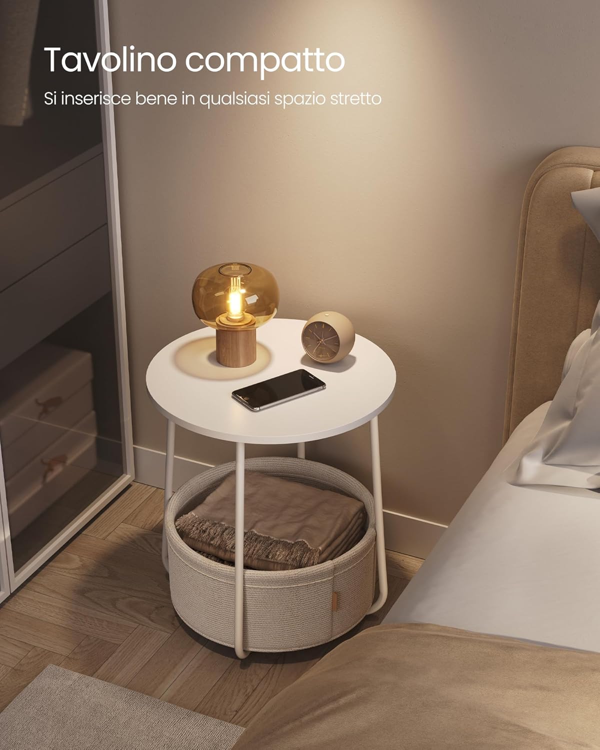 Detalle de VASAGLE Tavolino Rotondo con Cestino in Tessuto LET223W10: stile moderno e praticità per soggiorno o camera