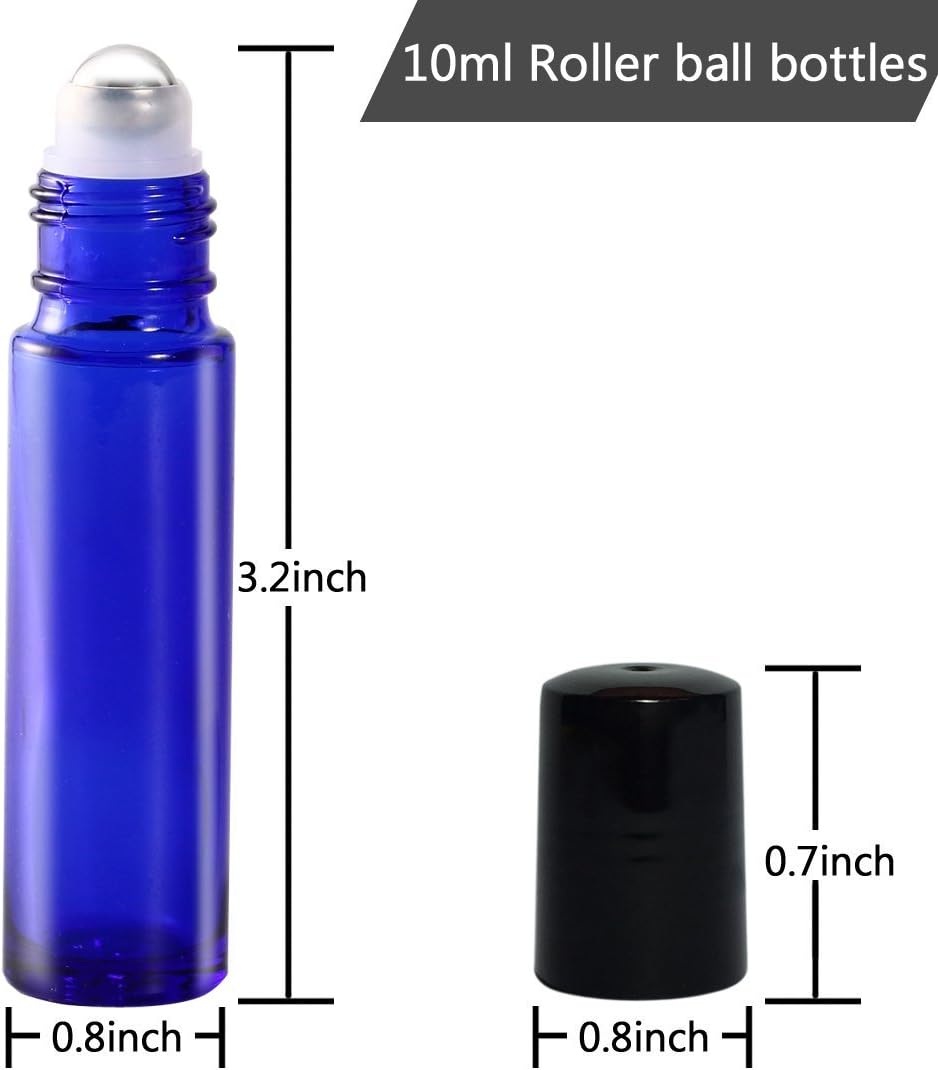 Detalle 2 de JamHooDirect 6 x 10ml Cobalt Blue Glass Roller Bottles with Stainless Steel Roller Ball (Refillable)