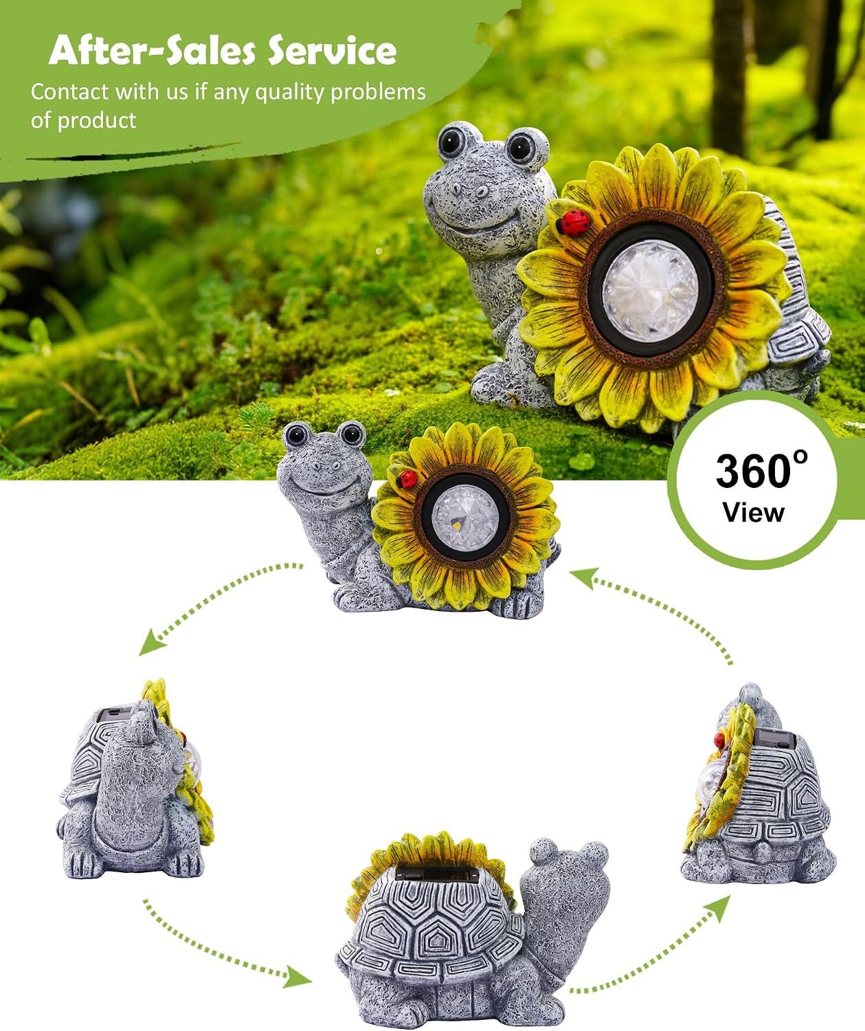 Detalle 2 de Yeomoo Solar Schildkröte Deko Figur mit Sonnenblume & Käfer – wetterfestes Ambiente im Garten & Zuhause