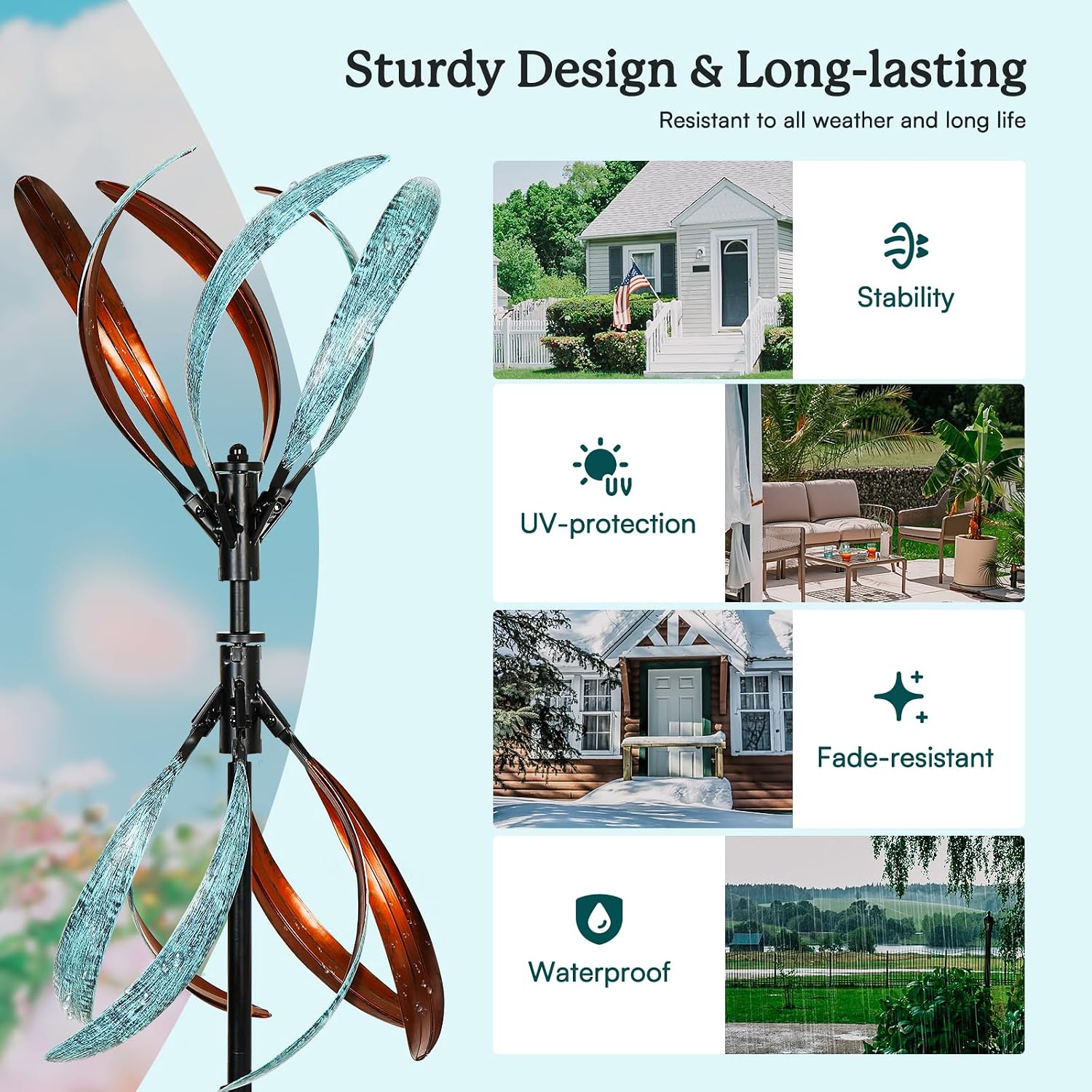Thumbnail 6 de Cyan Oasis Metal Wind Spinner, Copper and Teal, Adjustable 56 or 70.5-Inch Height