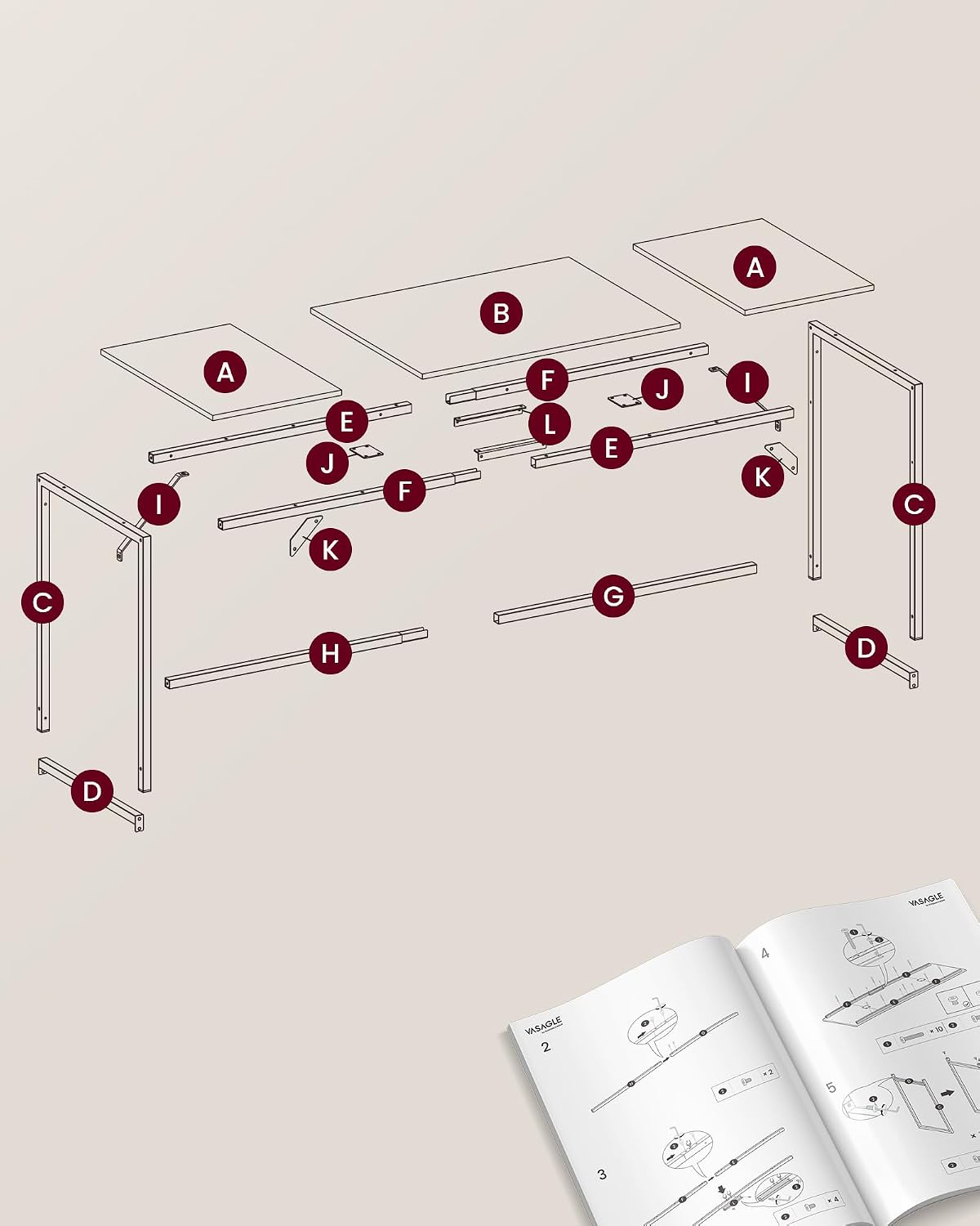 Detalle 2 de VASAGLE LWD121K01 Desk, 160 x 60 cm, Steel Frame, Rustic Brown and Black