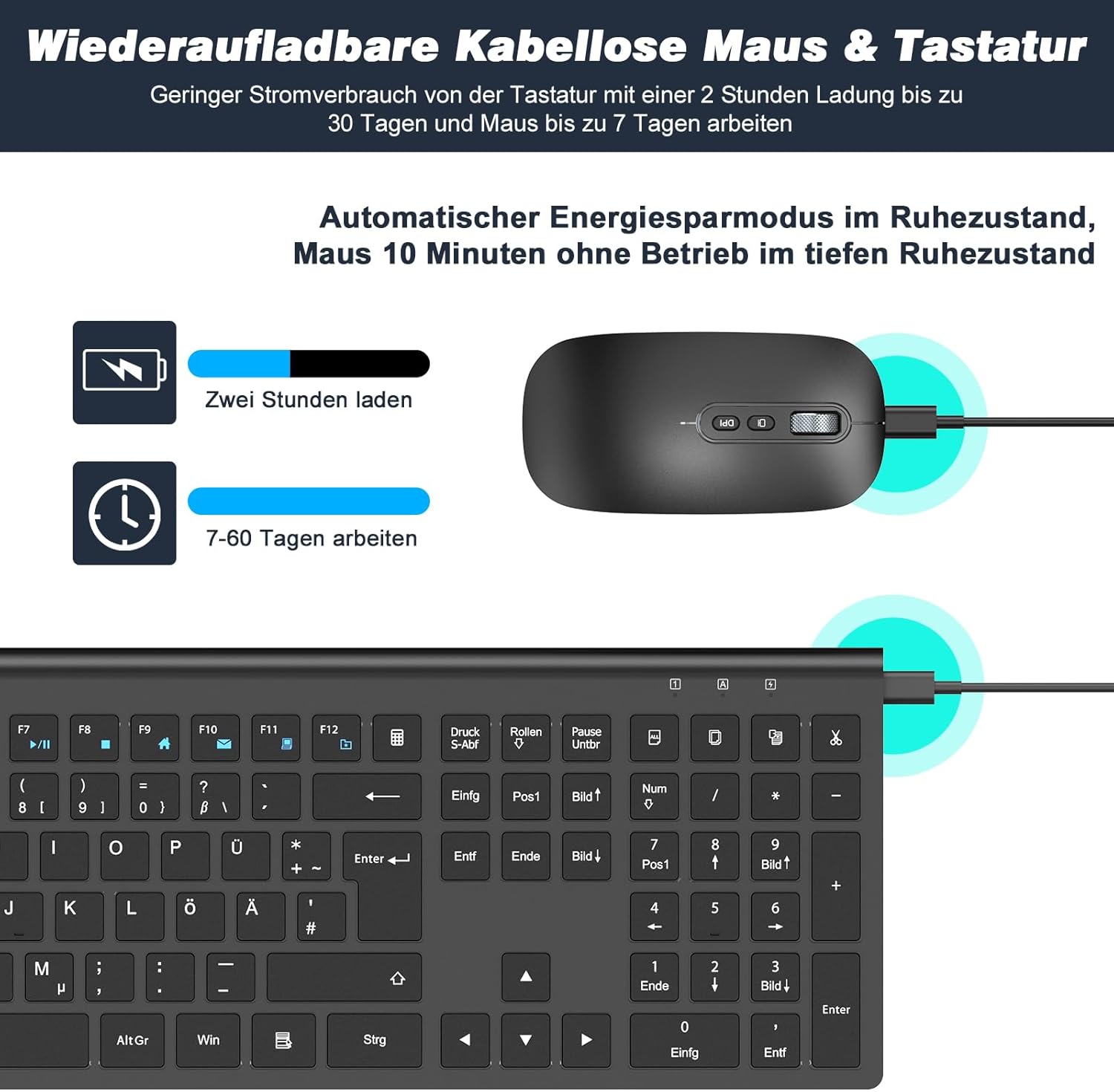 Thumbnail 1 de cimetech Tastatur-Maus-Set kabellos (ultradünn, wiederaufladbar) mit QWERTZ-Layout für Windows & mehr – Schwarz