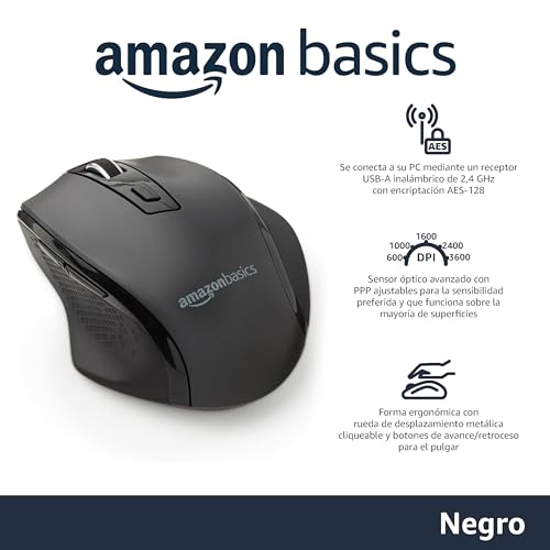 Detalle de Amazon Basics Ratón inalámbrico ergonómico: DPI ajustable y conexión fiable 2,4 GHz
