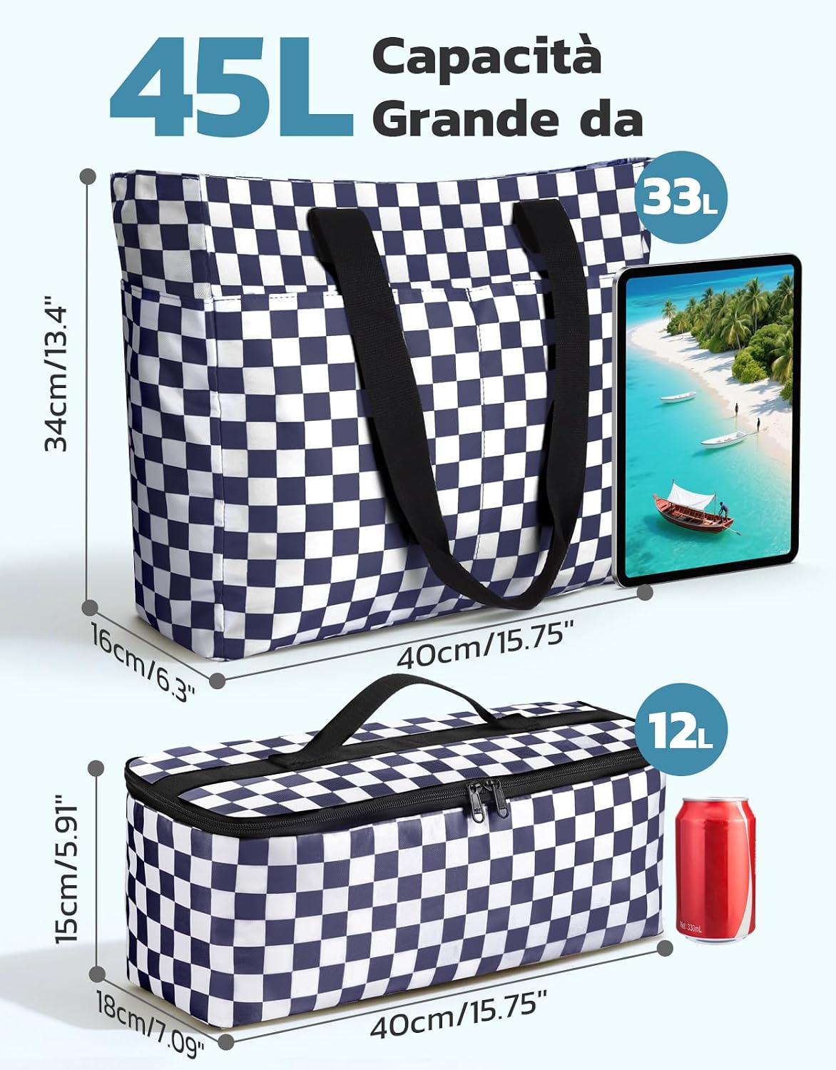 Detalle 2 de ISEYOU Borsa Mare Donna Grande & Borsa Frigo: Set 2in1 da 45L con chiusura a zip, resistente all'acqua