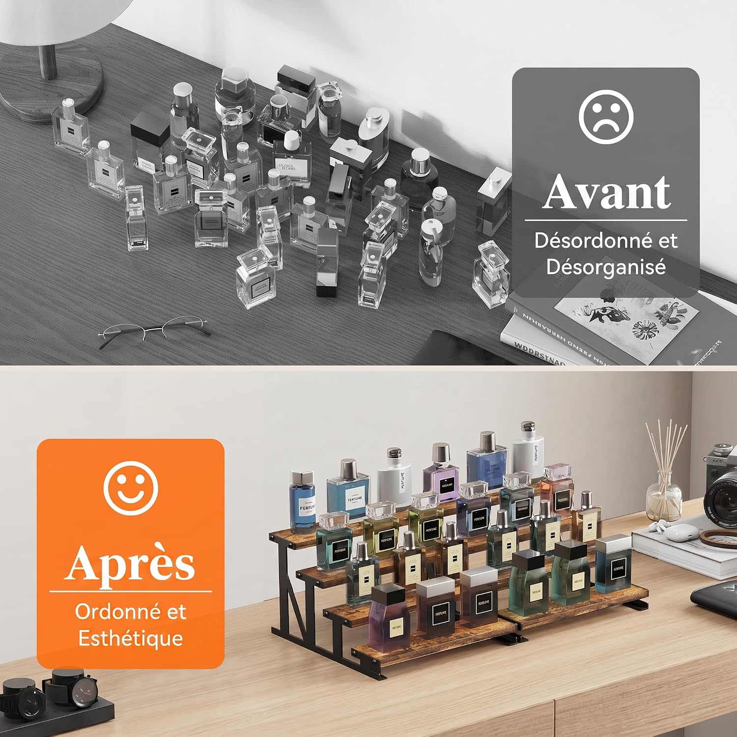 Detalle 2 de Lifewit 24461 houten parfumrek met 4 etages, metalen frame en rustiek bruine planken