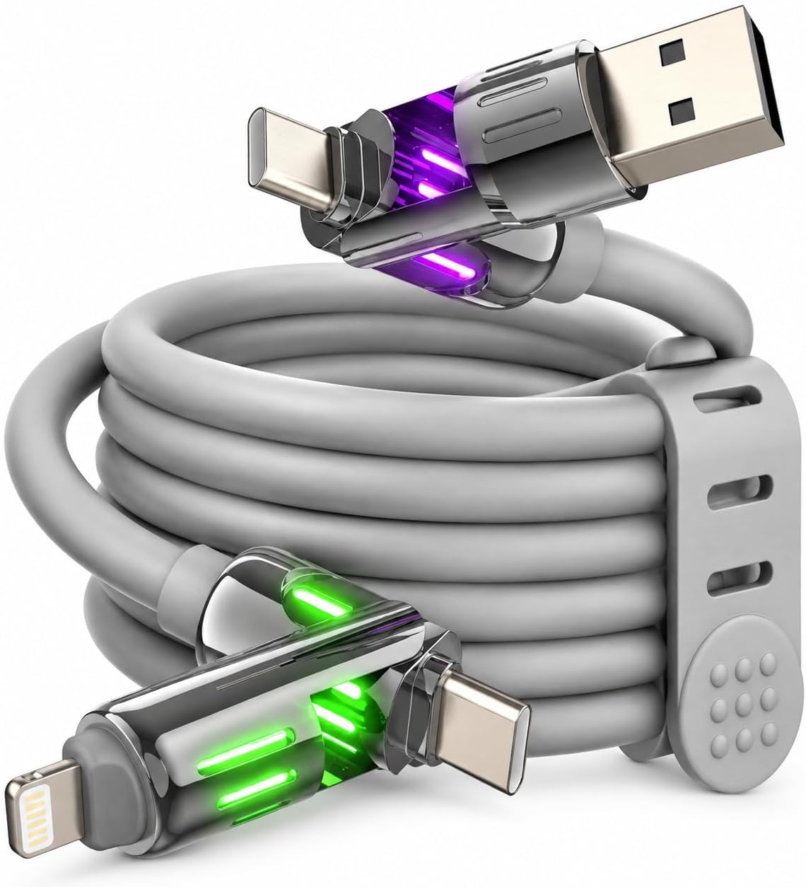Detalle de MFish 4-in-1 USB-C Charging Cable (240W) with Built-In PD3.1 E-Marker, 6.6 ft, Grey