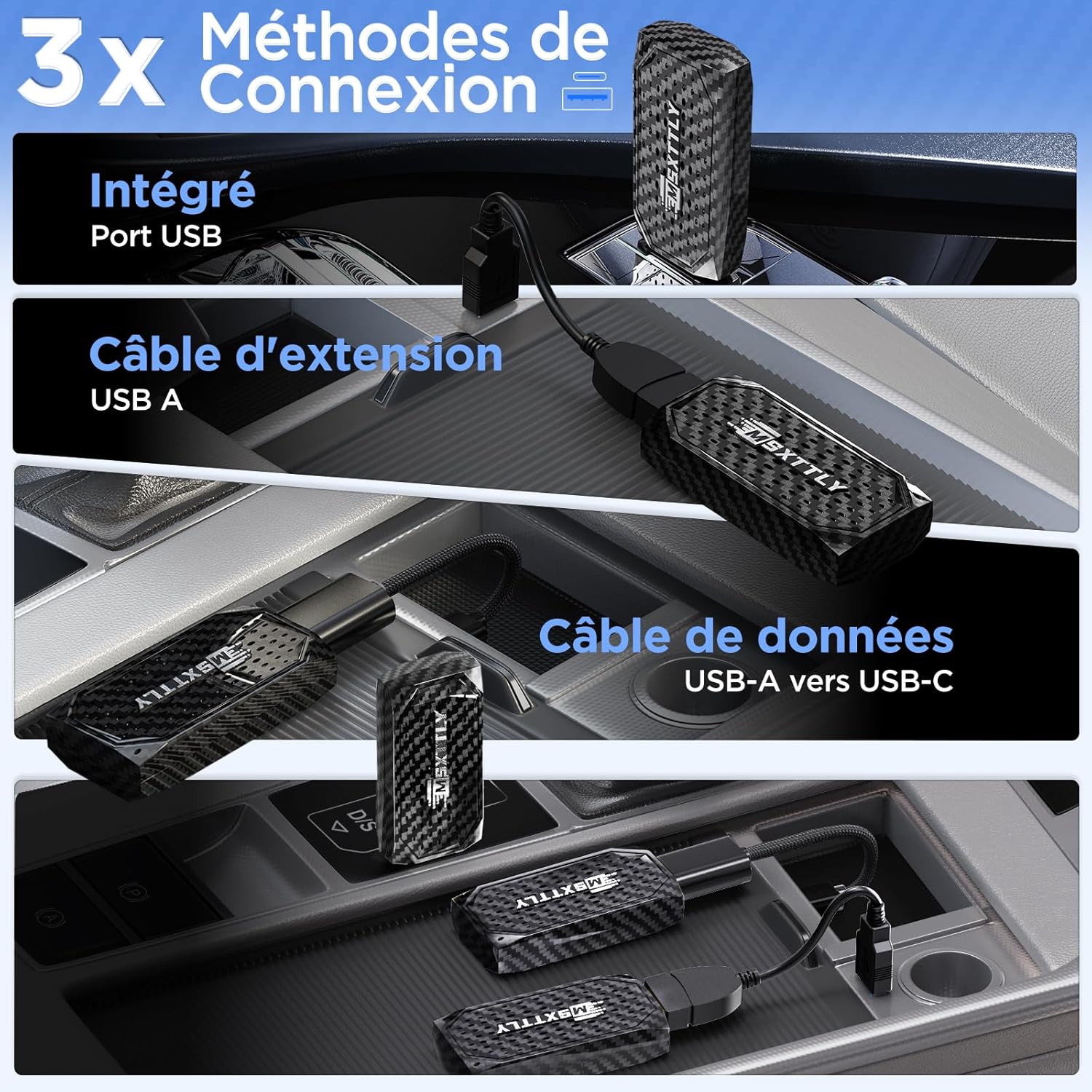 Detalle 2 de MSXTTLY Mini Adaptateur sans Fil CarPlay et Android Auto 3 en 1 – Streaming en véhicule