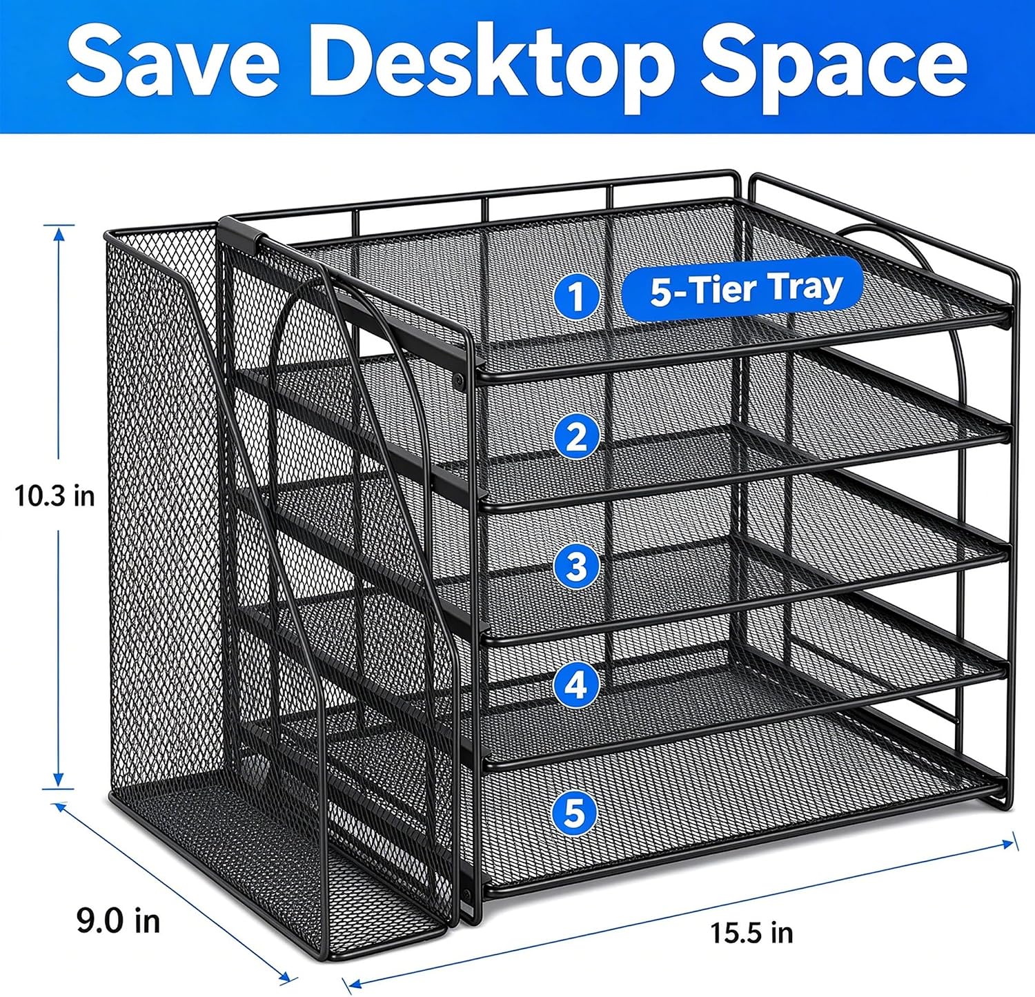 Detalle de OPNICE Desk Organizer, 5-Tier Metal Paper Tray, Black, 40 lb Capacity