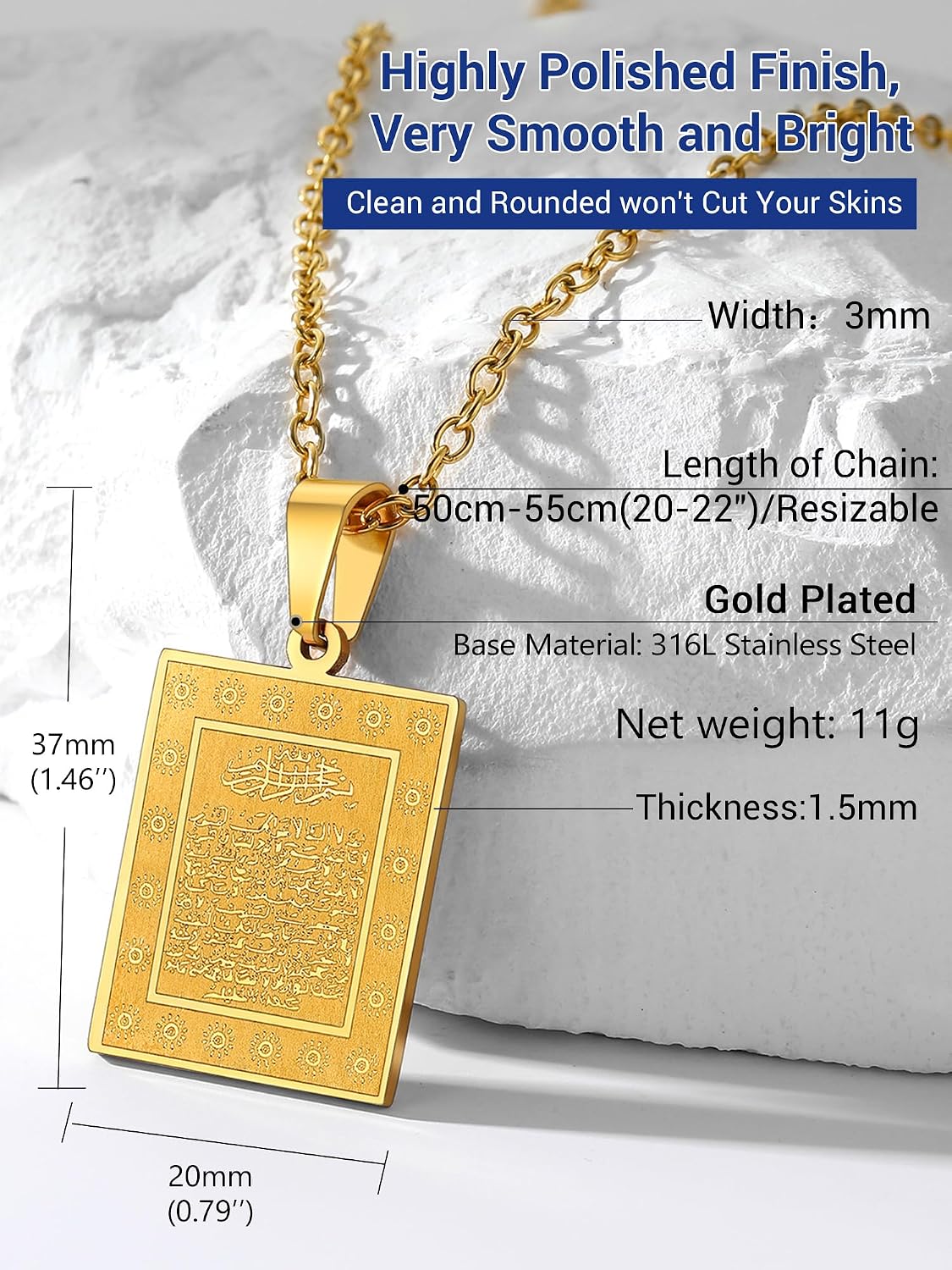 Detalle de PROSTEEL Collana Pendente “Muhammad Allah” con Corano, catena regolabile 50–60 cm in acciaio inox/placcato oro 18K