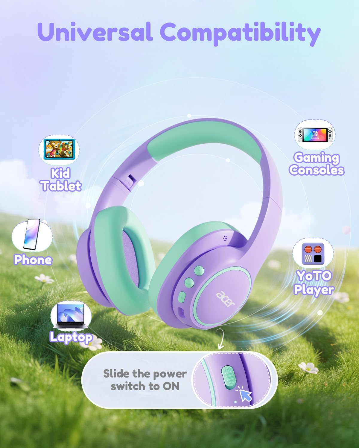 Thumbnail 5 de Acer Kids OHR702 Bluetooth Over-Ear Headphones for Kids (Mic, 75H Playtime, 85dBA Safe Volume) - Purple/Green