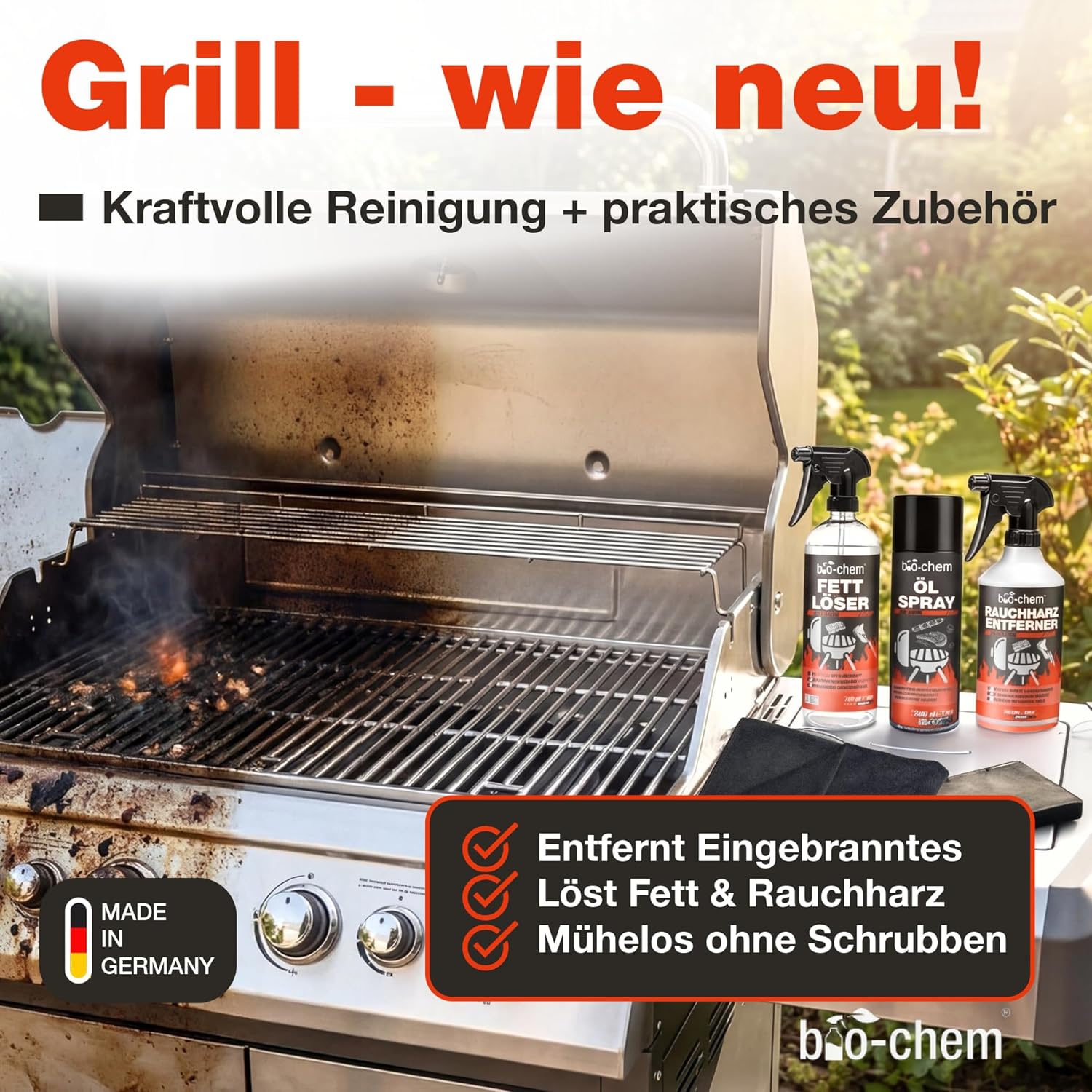 Thumbnail 1 de bio-chem Grillreiniger Set 3-teilig: Fettlöser, Rauchharz-Entferner & Öl-Spray für Gasgrill, Backofen und Edelstahl