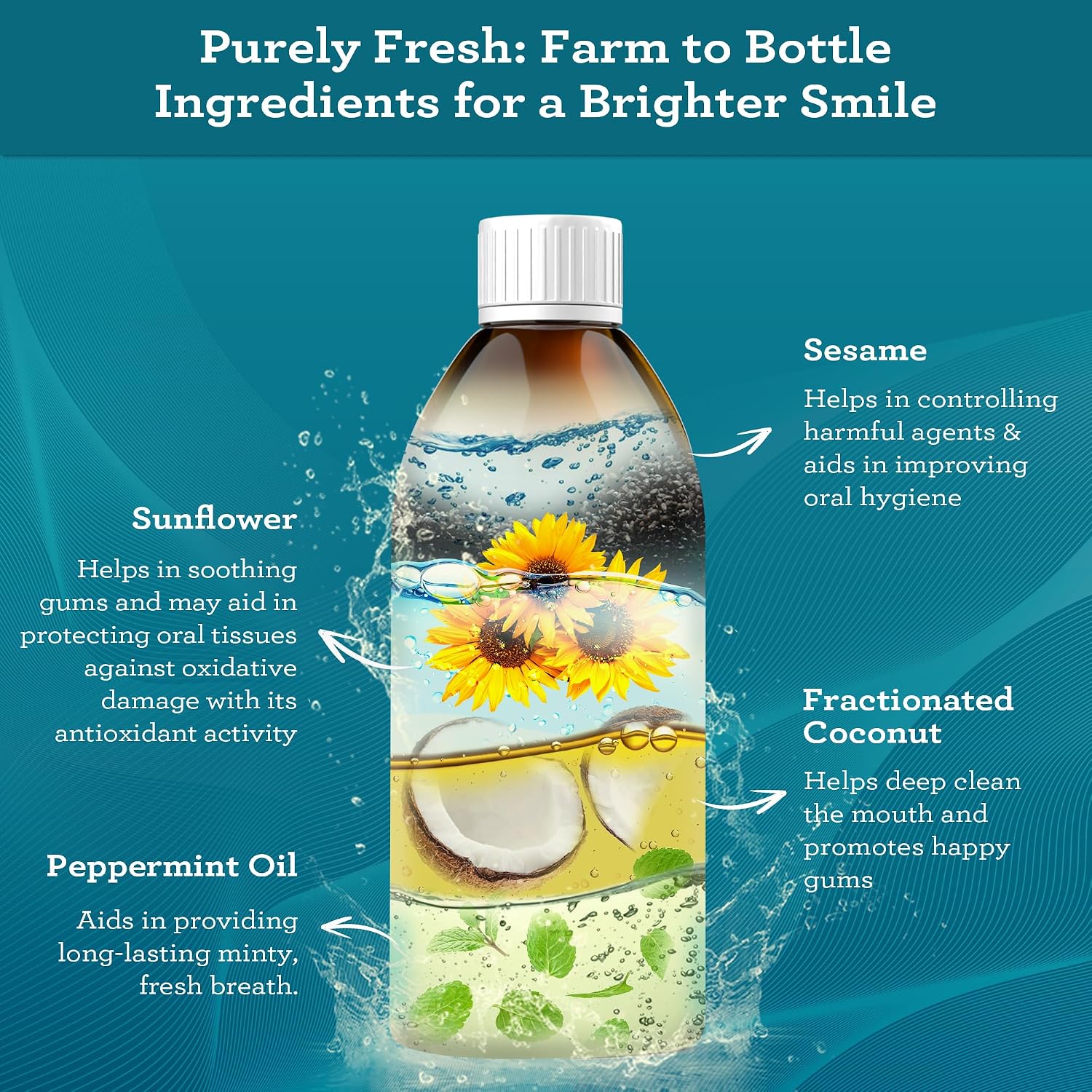 Detalle de GuruNanda Original Oil Pulling Mouthwash with Coconut & Sesame Oil, Alcohol-Free (8.45 fl oz) + Tongue Scraper