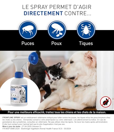 Detalle de FRONTLINE Spray Pompe 1,5 ml – antiparasitaire chien & chat contre puces et tiques (250 ml)