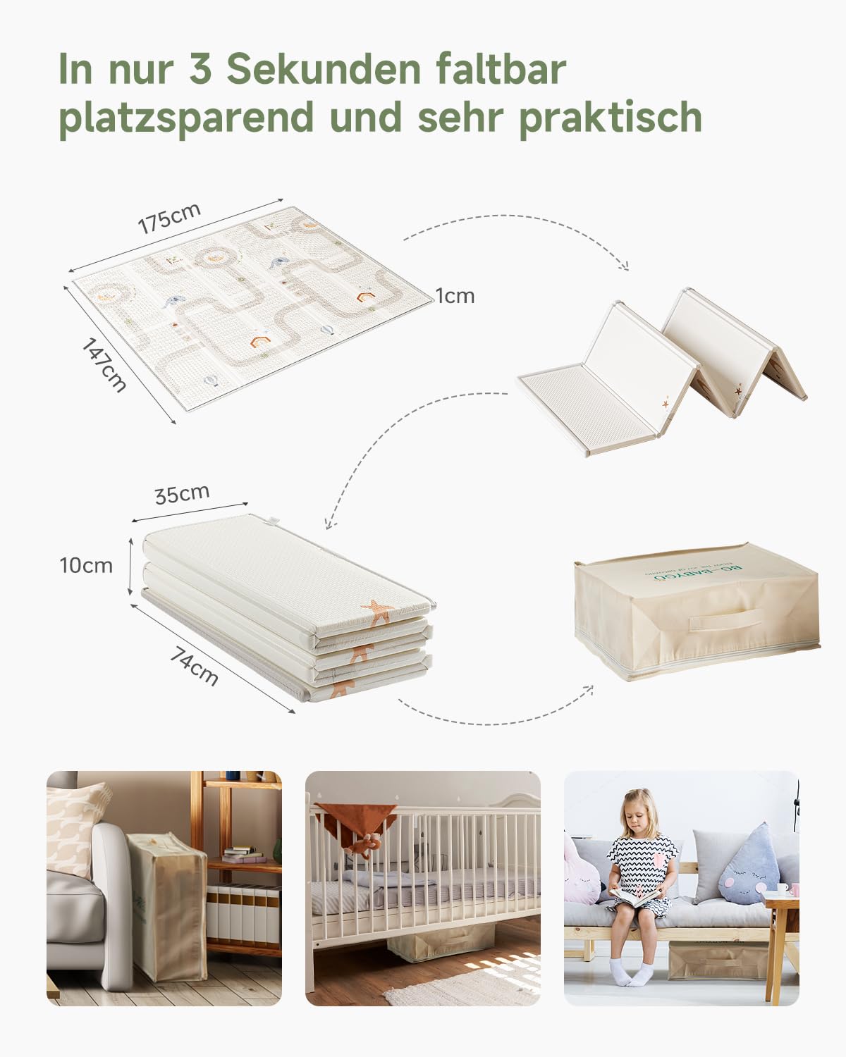 Detalle 2 de BG-BABYGO Krabbelmatte & Spielmatte für Babys – Faltbare, wasserdichte Schaumstoffmatte (Elephant, 147 × 175 cm, 1 cm)
