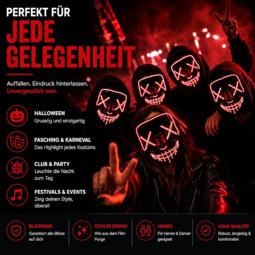 Detalle 2 de TK Gruppe Timo Klingler maschera horror rossa a LED con 3 effetti luminosi