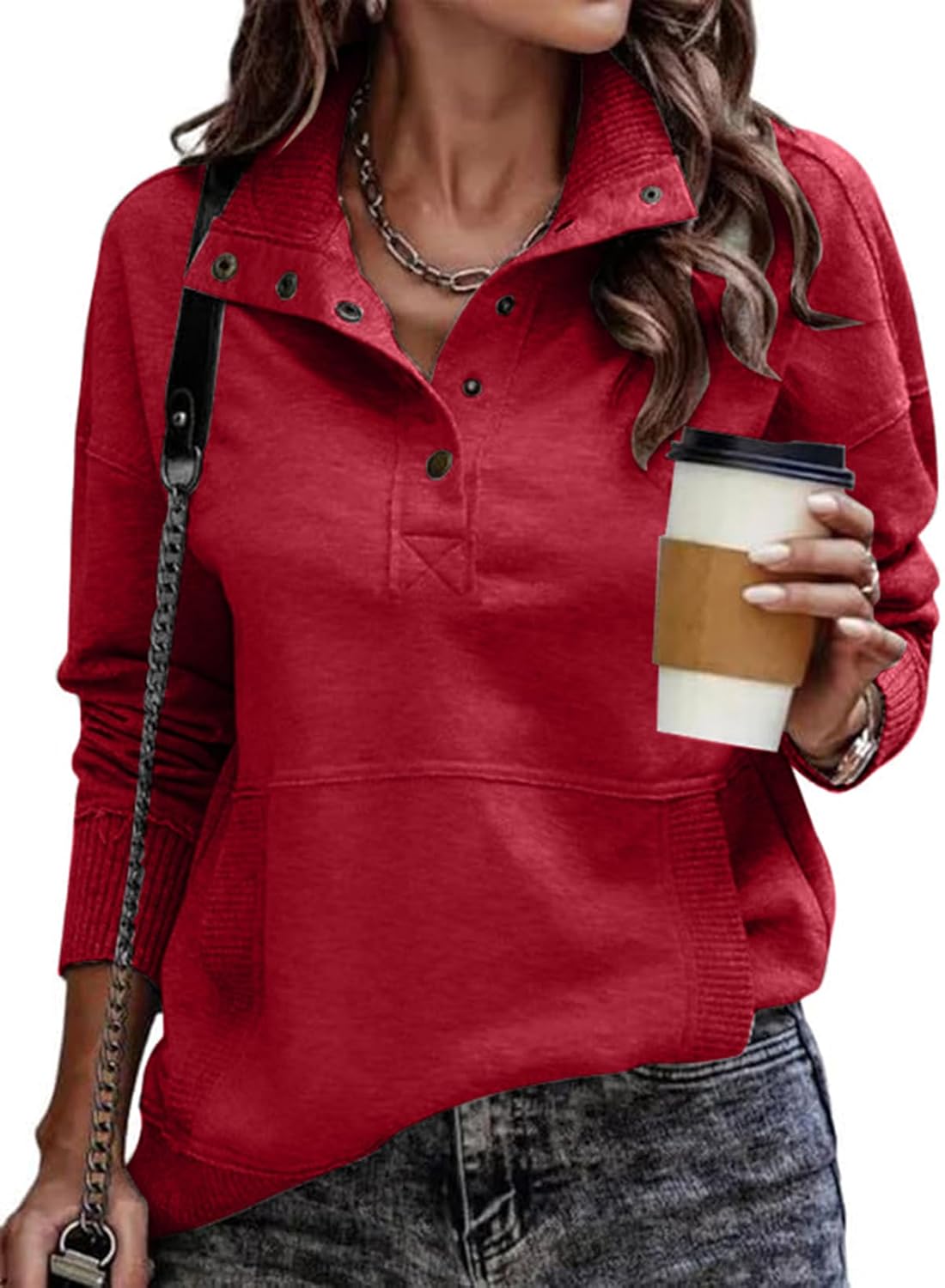 Thumbnail 1 de SHEWIN Women's Casual Long Sleeve Stand Neck Sweatshirt — Lightweight Button Drawstring Pullover