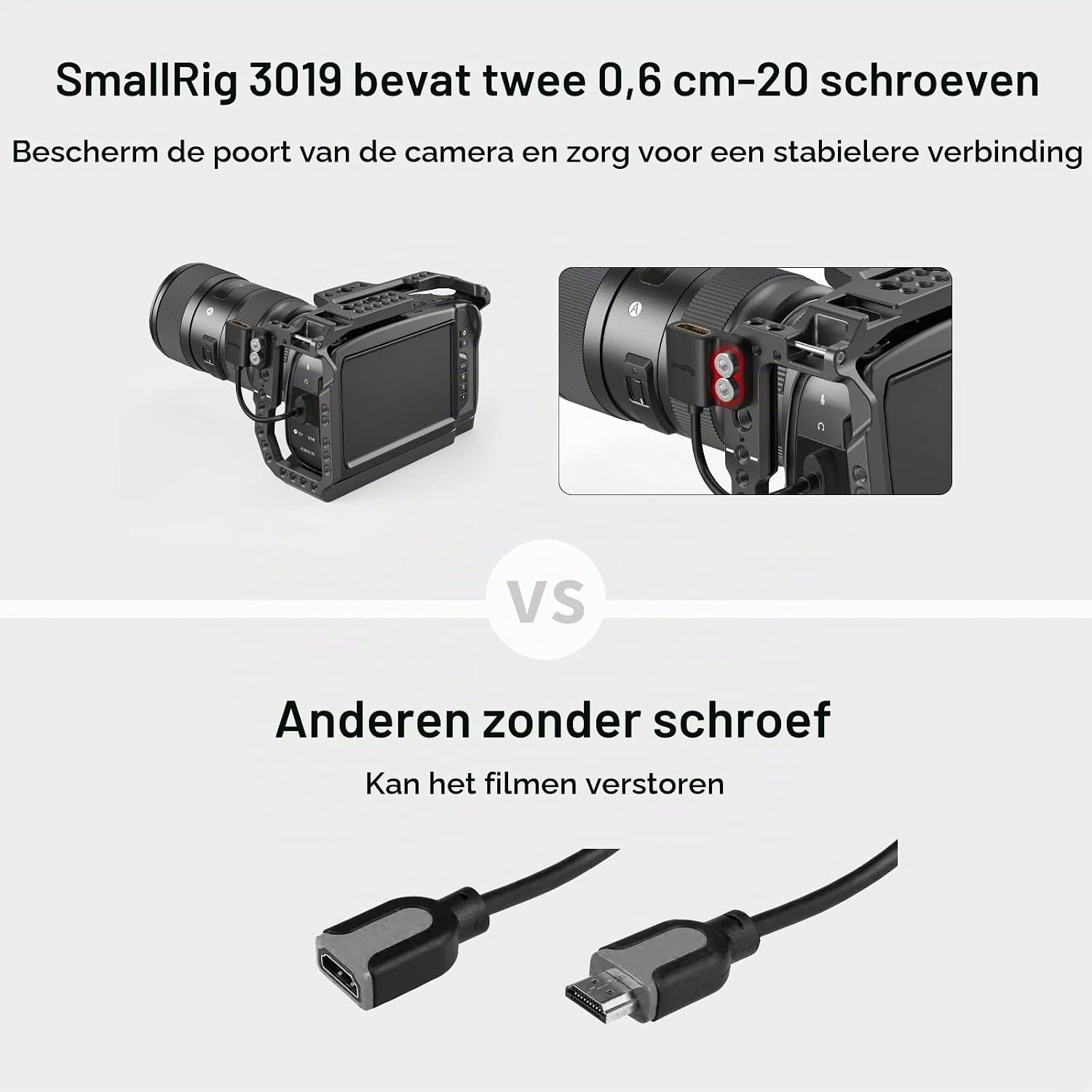 Detalle de SMALLRIG 3019 HDMI-adapterkabel, 14 cm, A-naar-A, 4K bij 60 Hz