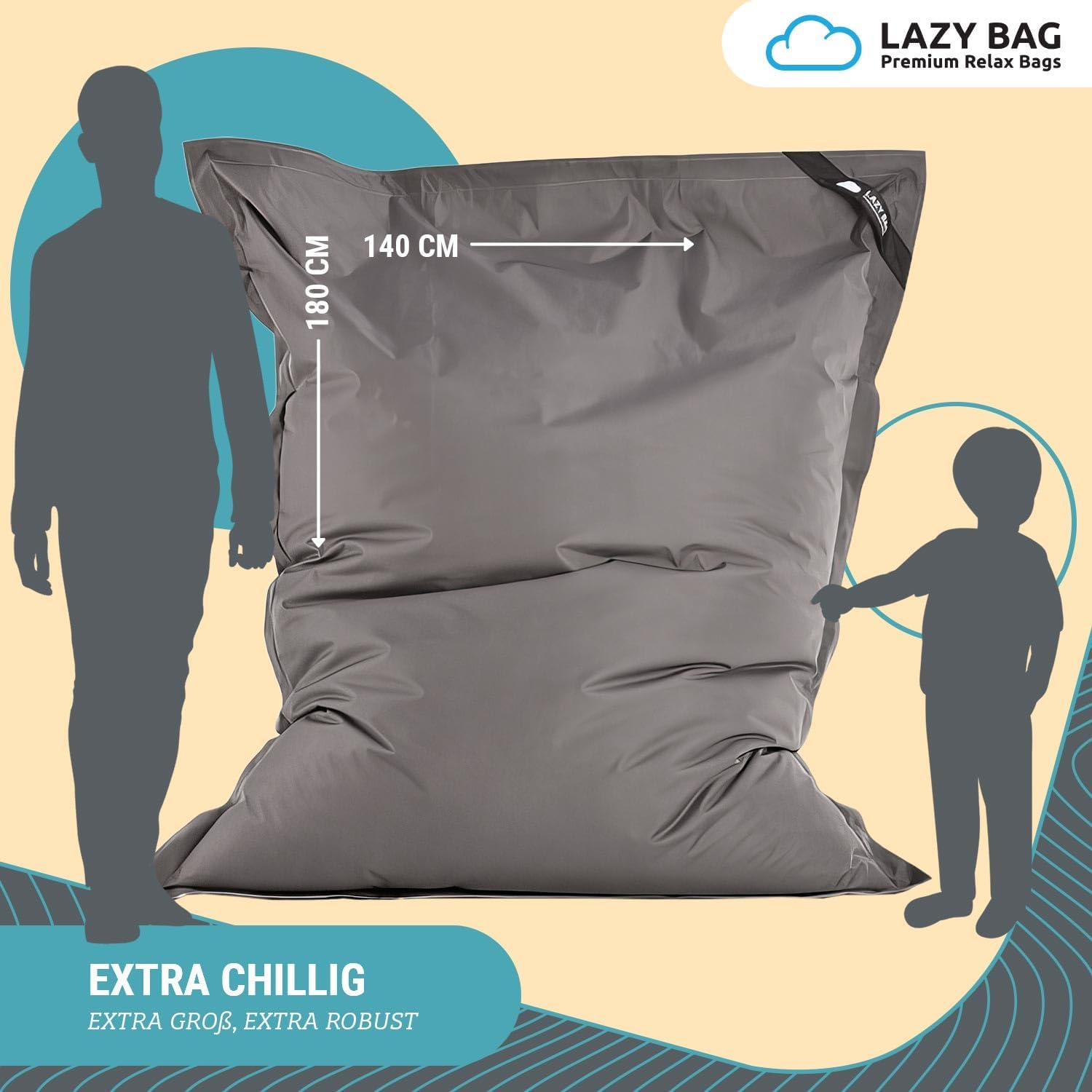 Detalle de LAZY BAG Riesen-Sitzsack Classic XXL 140x180 cm – 2-in-1 Sofa zum Sitzen oder Liegen