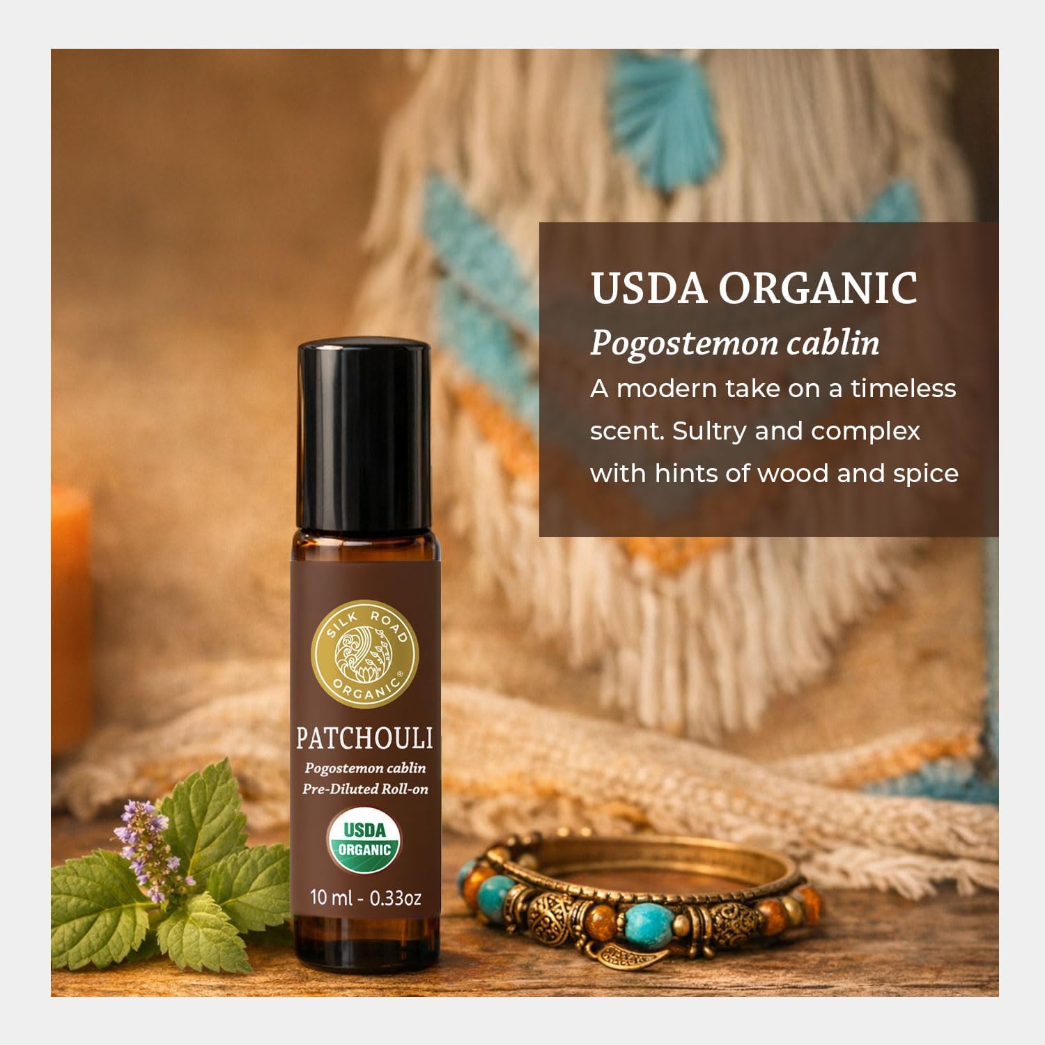 Detalle de Silk Road Organic Patchouli Essential Oil Roll-On (10 ml) — USDA Certified Organic