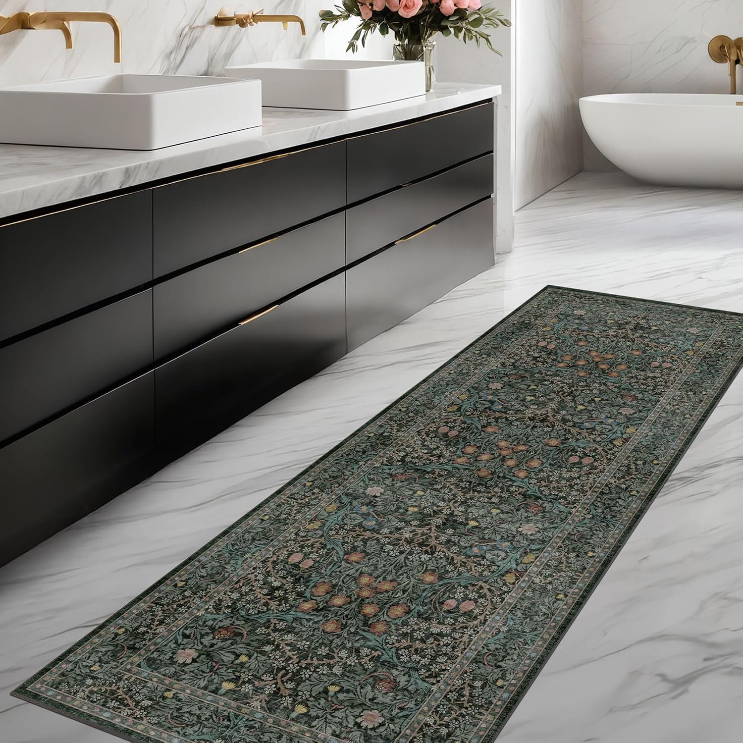Detalle de Hazo Haus Non Slip 2x6 Kitchen Runner Rug (Washable, Rubber Back) – Boho Vintage Floral Botanical, Dark Green