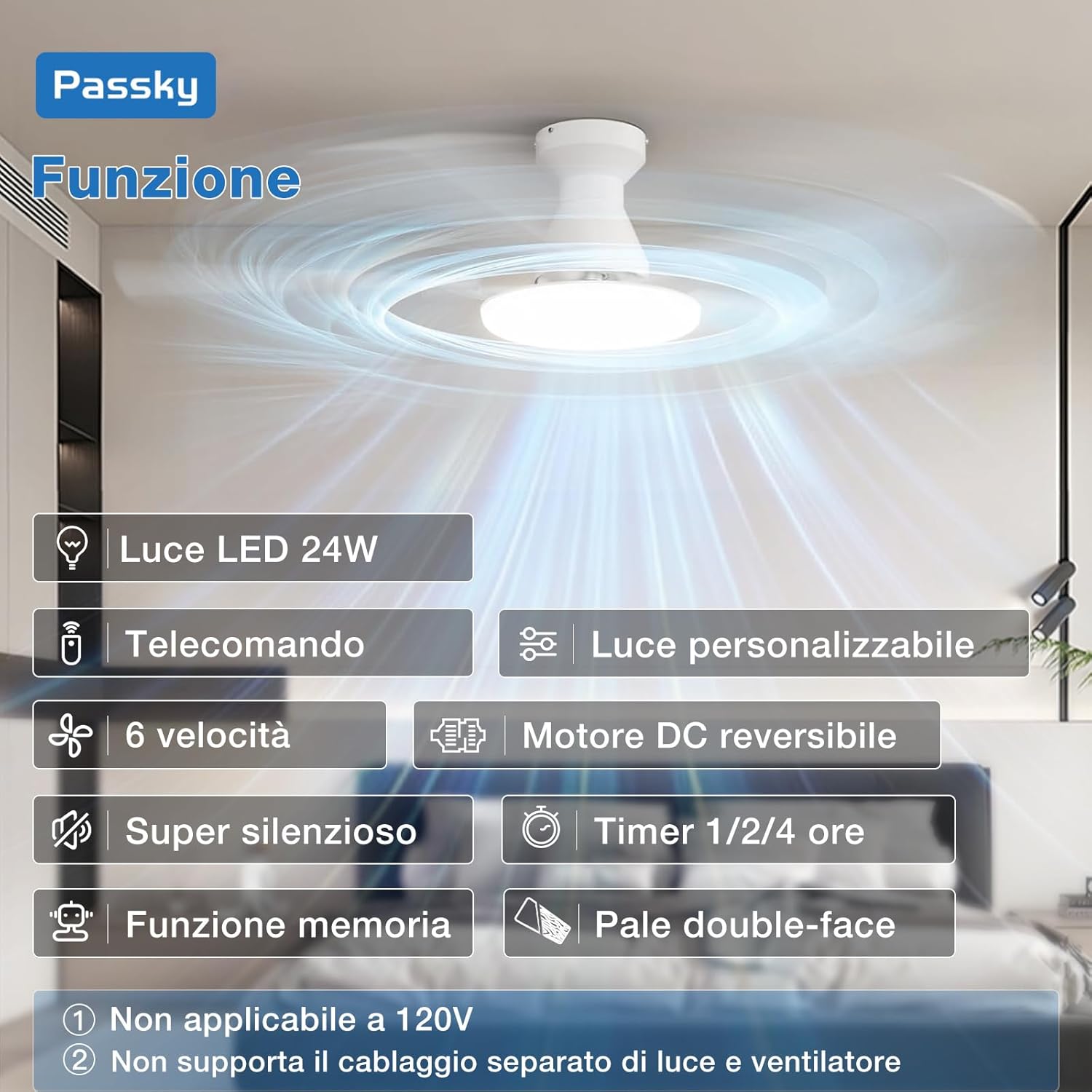 Thumbnail 1 de Passky ventilatore da soffitto 132 cm con illuminazione e telecomando, motore DC silenzioso, 6 velocità e timer (bianco)