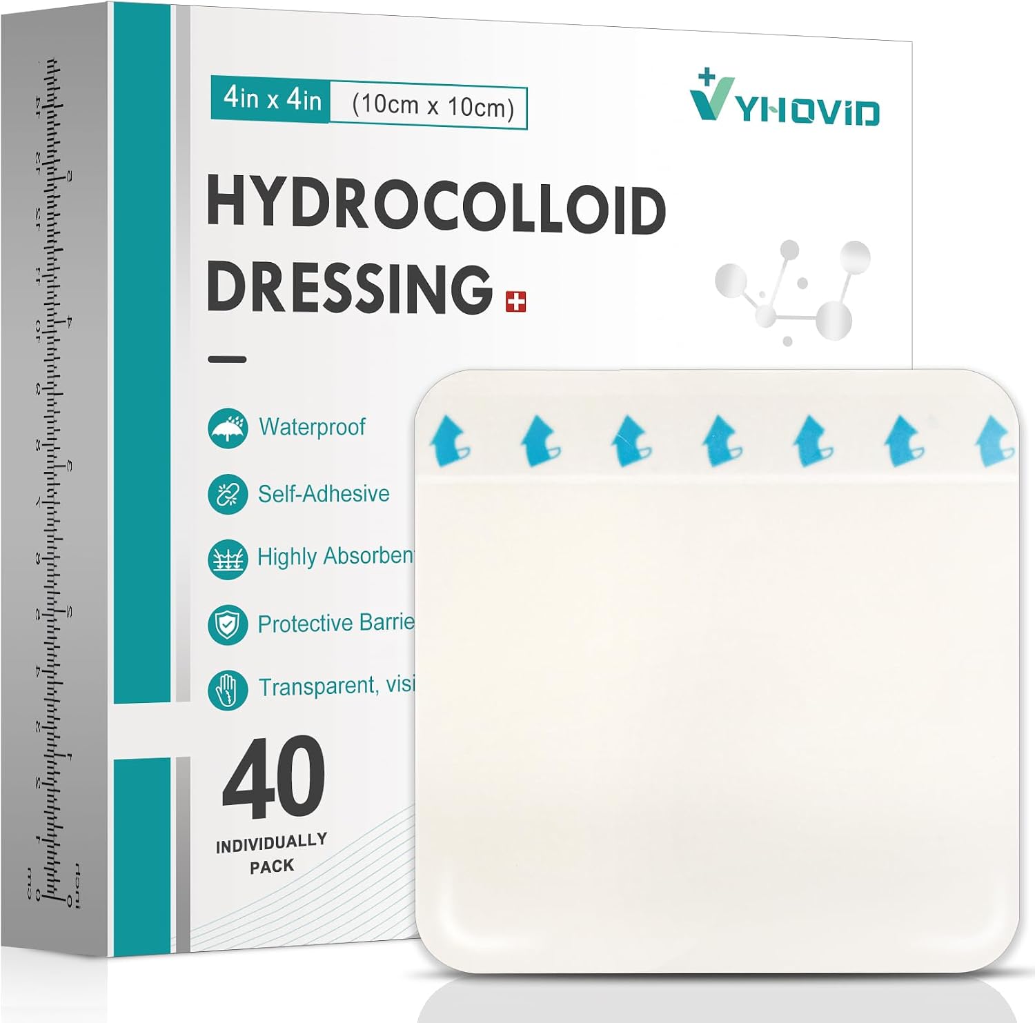 Detalle de YHOVID 40-Pack Hydrocolloid Wound Dressings, 4" x 4", Sterile and Waterproof