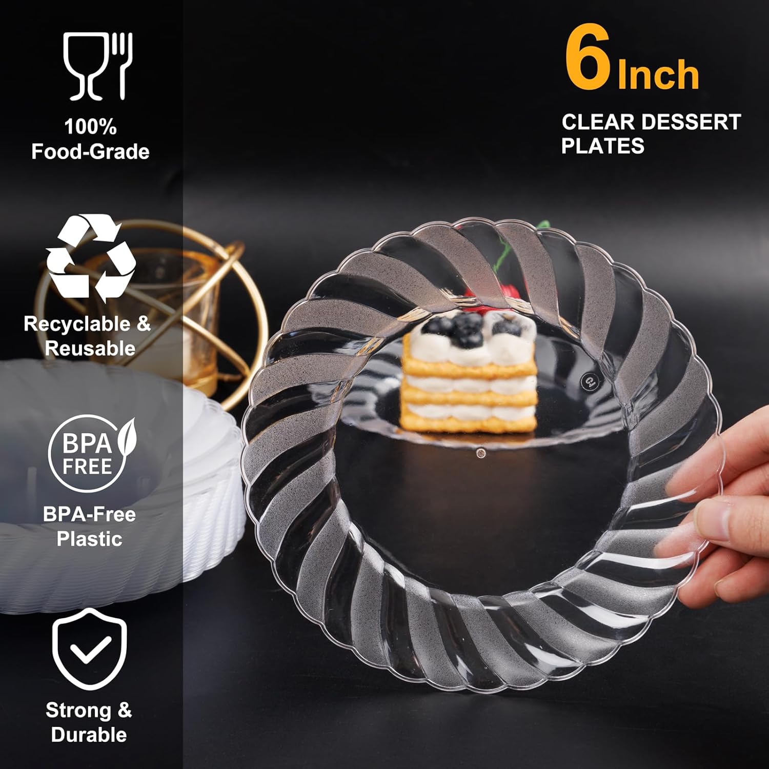 Thumbnail 2 de U-QE 100 Pieces Clear Plastic Plates - 6 Inch, Heavy Duty, Lace Edge, Disposable (Reusable Option) for Parties