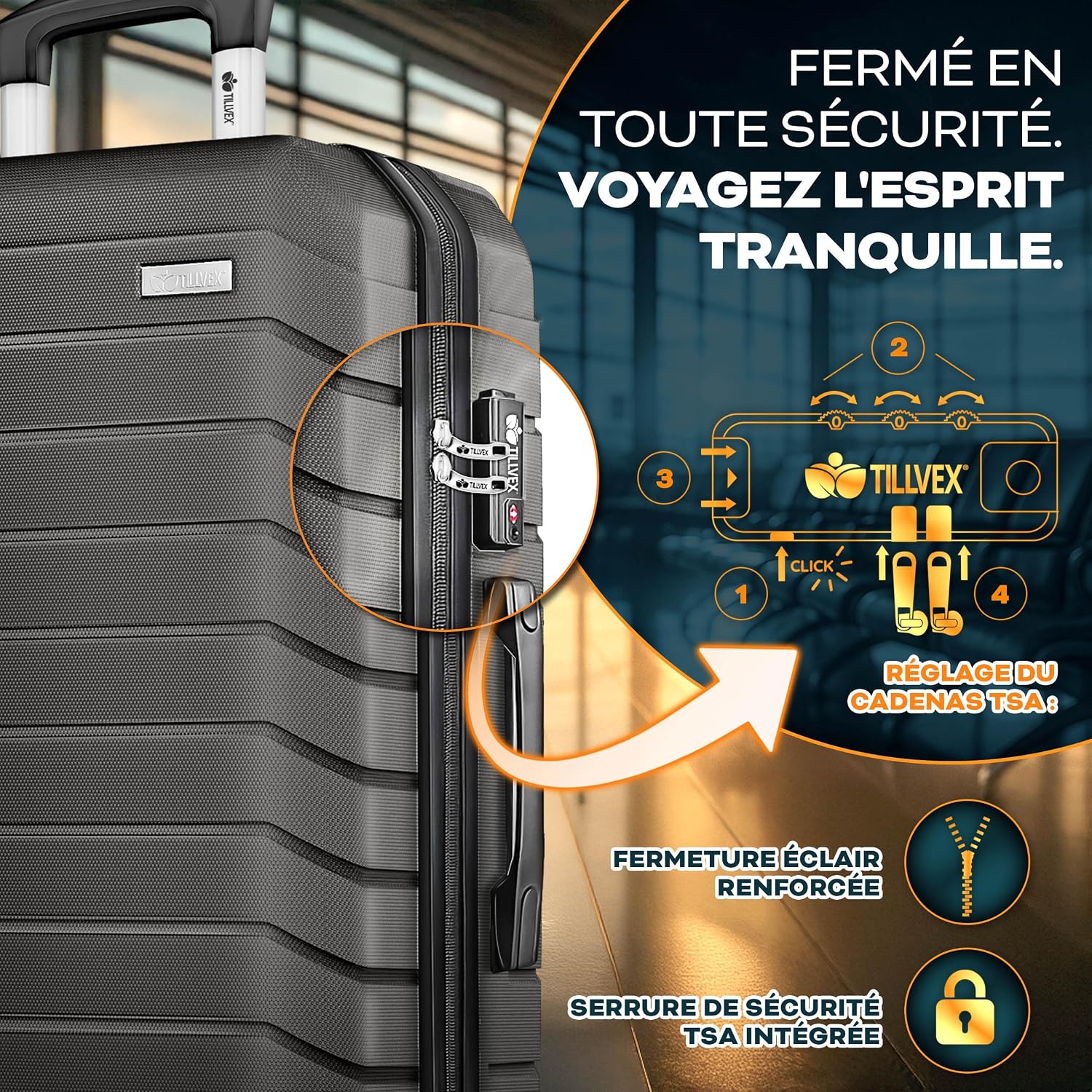 Detalle 2 de Set tillvex® de 4 valises rigides avec roulettes + balance, sangles et étiquettes (S/M/L/XL) gris/anthracite
